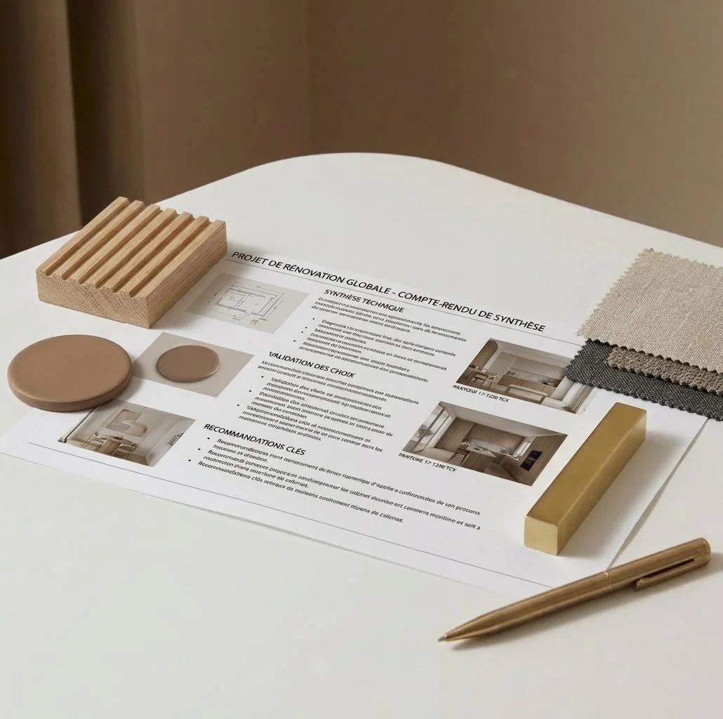 Compte-rendu de visite conseil et synthèse d'étude d'architecture d'intérieur sur table blanche avec stylo laiton et échantillons à Toulouse.