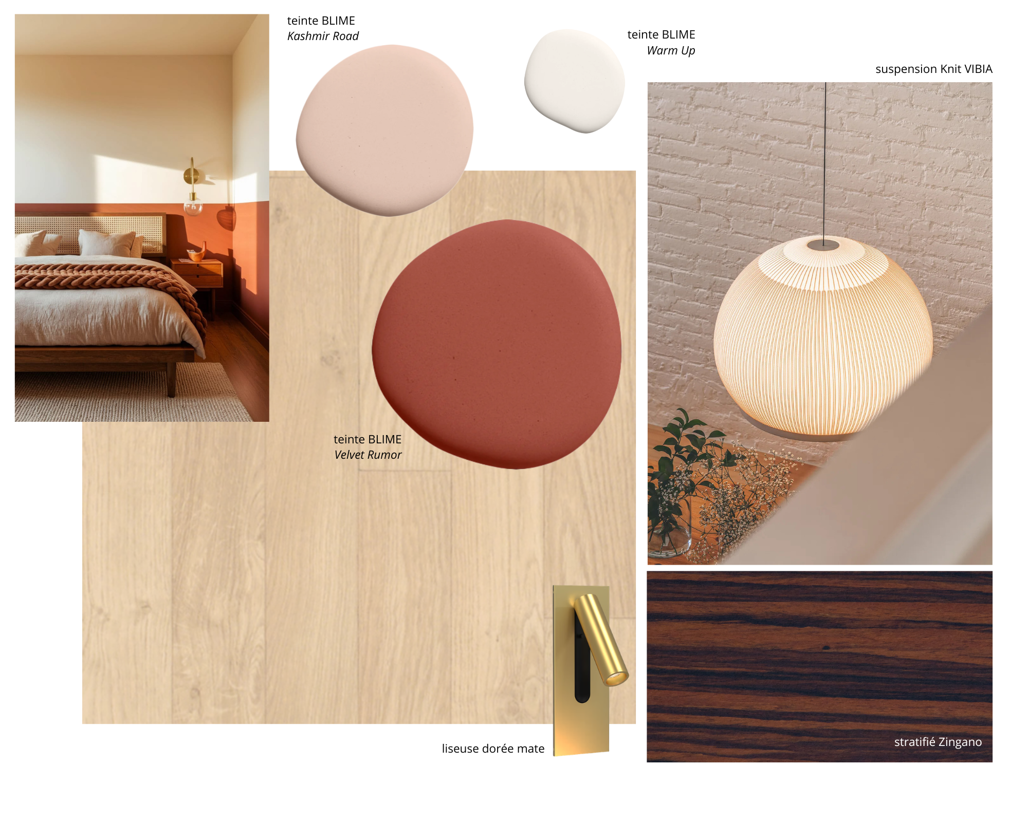 Planche de matériaux pour suite parentale à Toulouse avec peintures Blime terracotta, laiton doré, bois foncé et suspension Vibia.