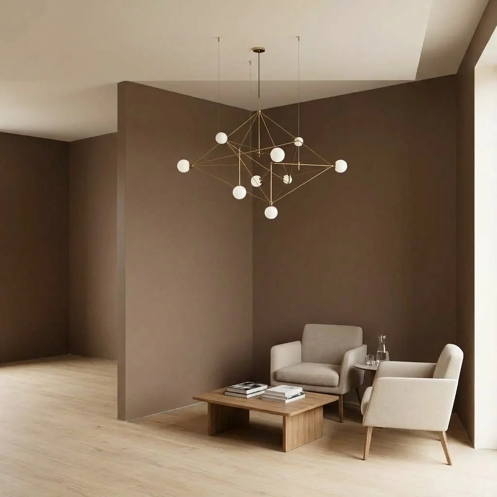 Cadrage final d'un espace de bureau professionnel à Toulouse, aménagé avec des fauteuils contemporains clairs, une table basse en bois et une suspension moderne et légère, sous une lumière douce.