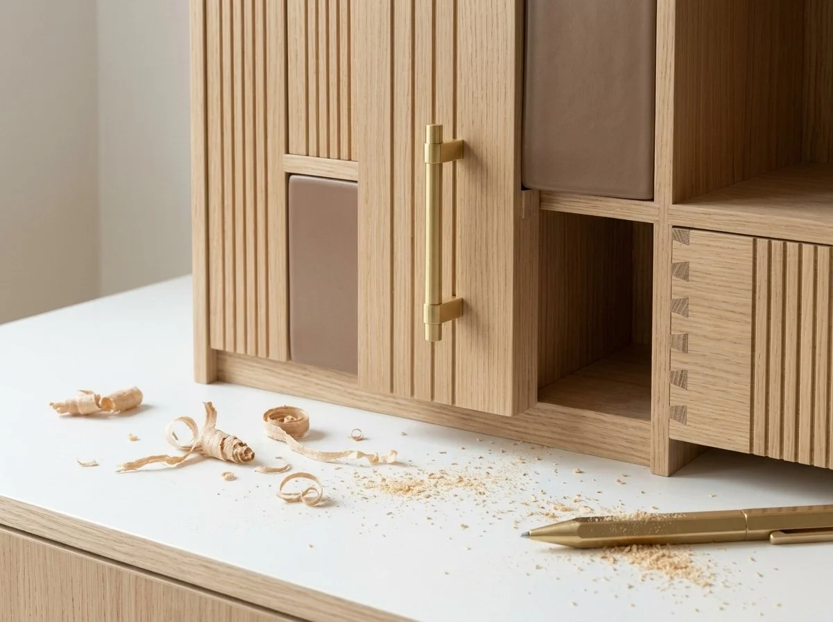 Gros plan sur un meuble en chêne flûté sur-mesure avec détails Mocha Mousse, poignée en laiton et copeaux de bois lors de la fabrication et pose à Toulouse.