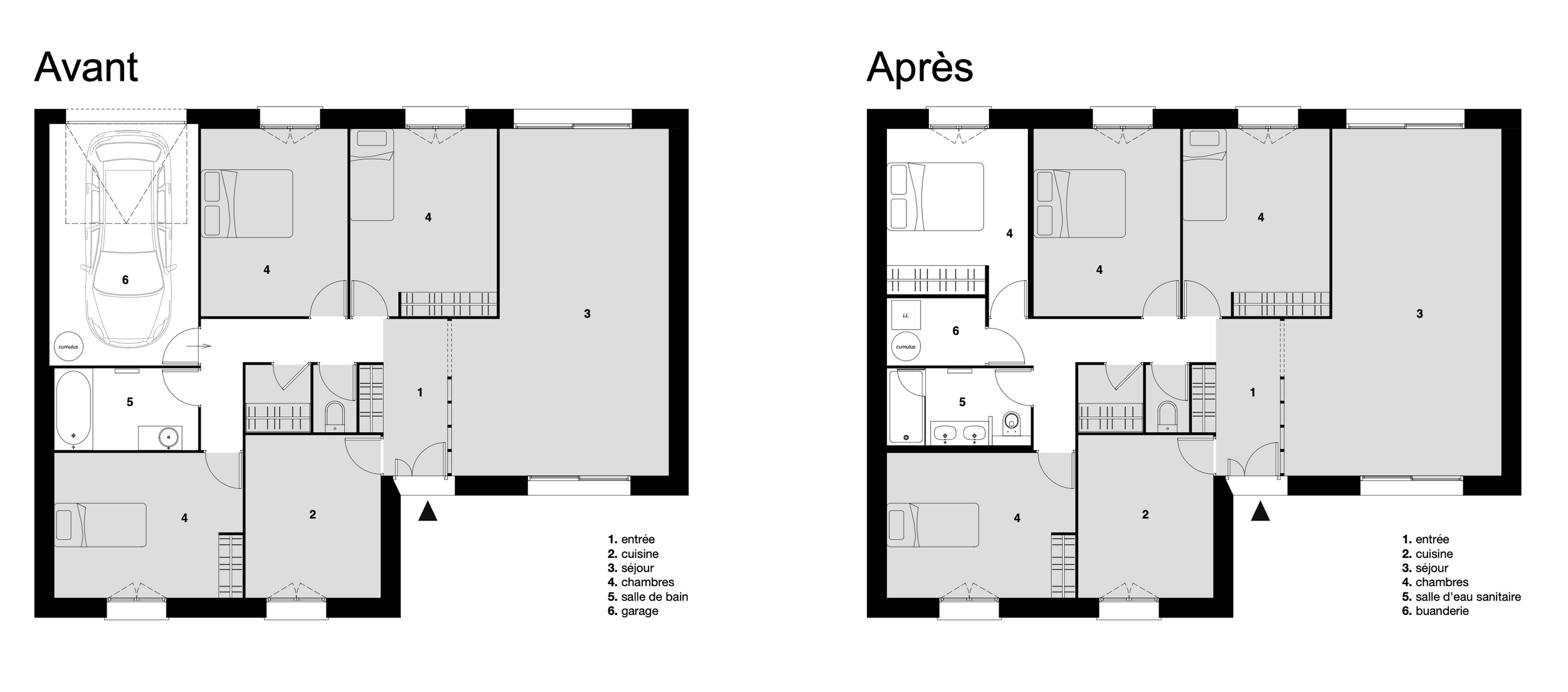 aménagement d'un garage en chambre avec placards sur mesure, plans avant / après