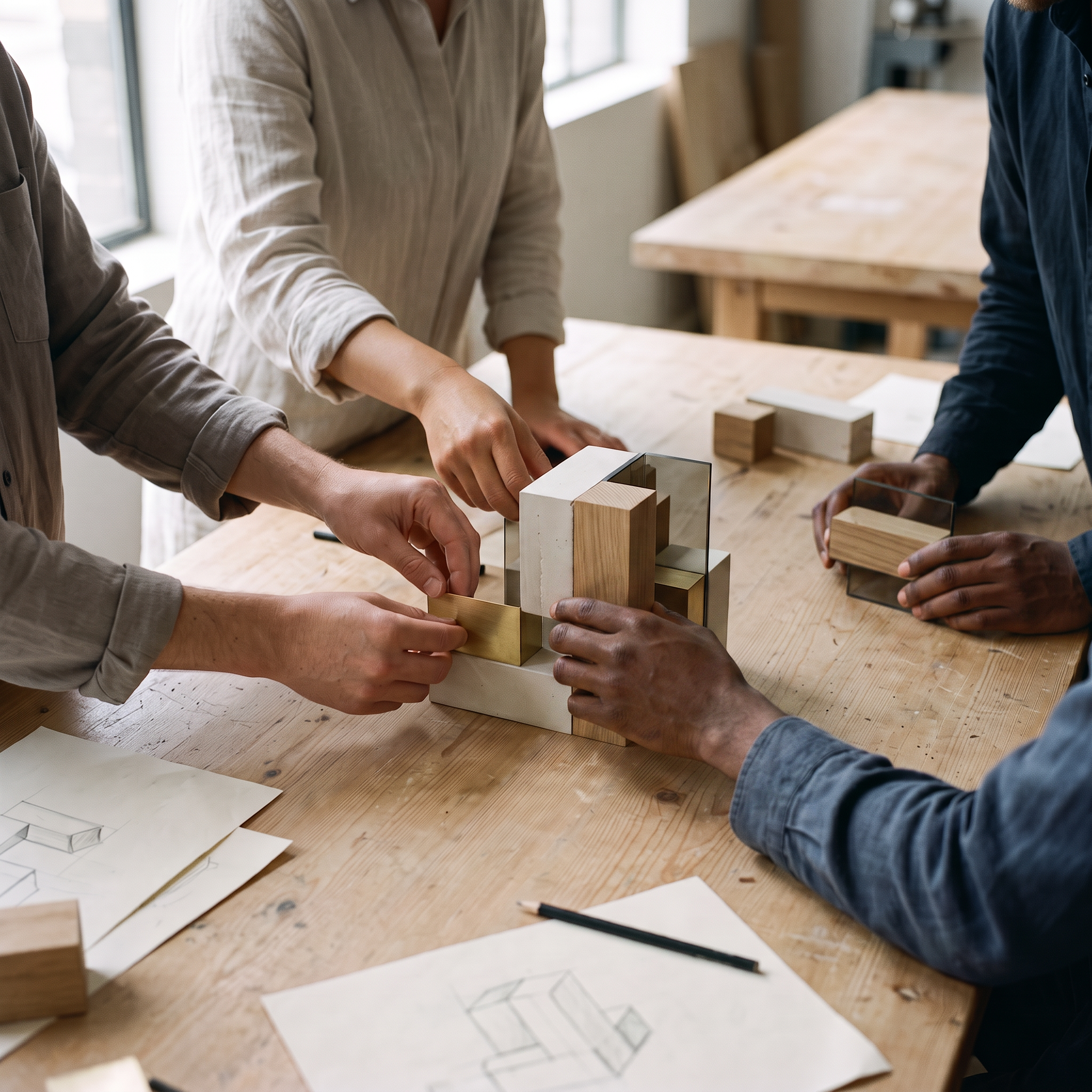 Multiple people working on architectural models and sketches on a wooden table in a bright room with large windows.