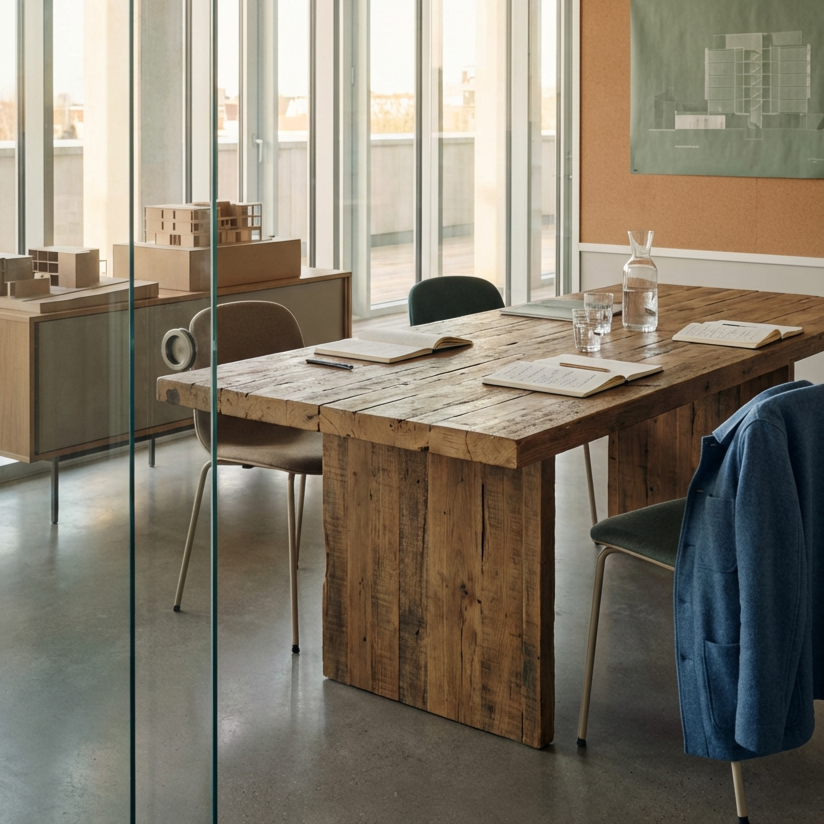 A modern conference room with a rustic wooden table, chairs, open books, a glass pitcher, and glasses, with large windows and a cityscape view.