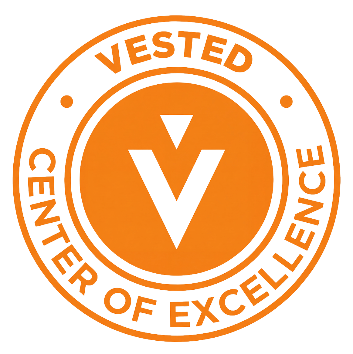 Vested emblem with the phrase "Vested Center of Excellence" around a central V logo, in orange color.