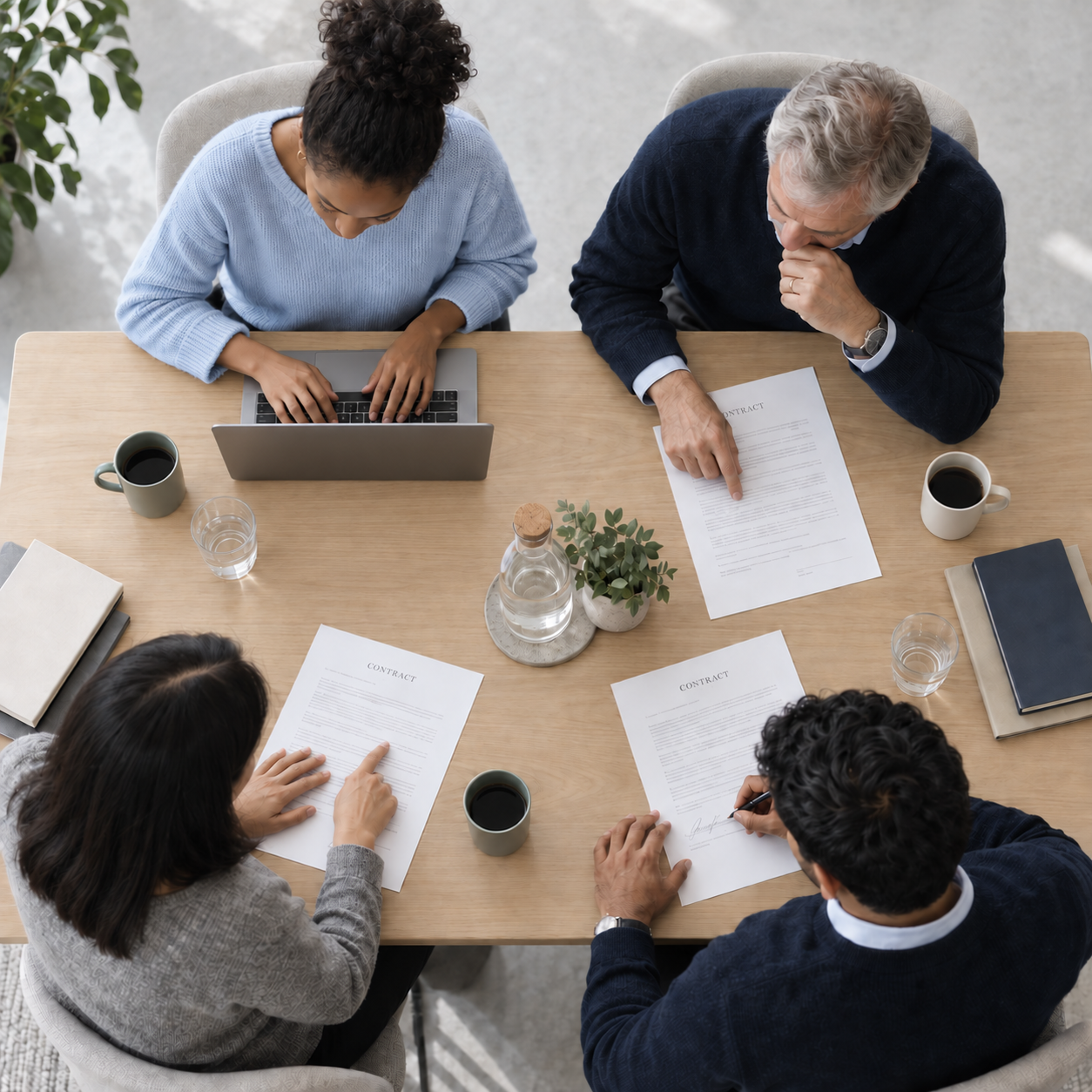 Top view of four people sitting around a wooden table during a meeting or negotiation, with documents labeled 'contract,' laptops, and coffee cups.