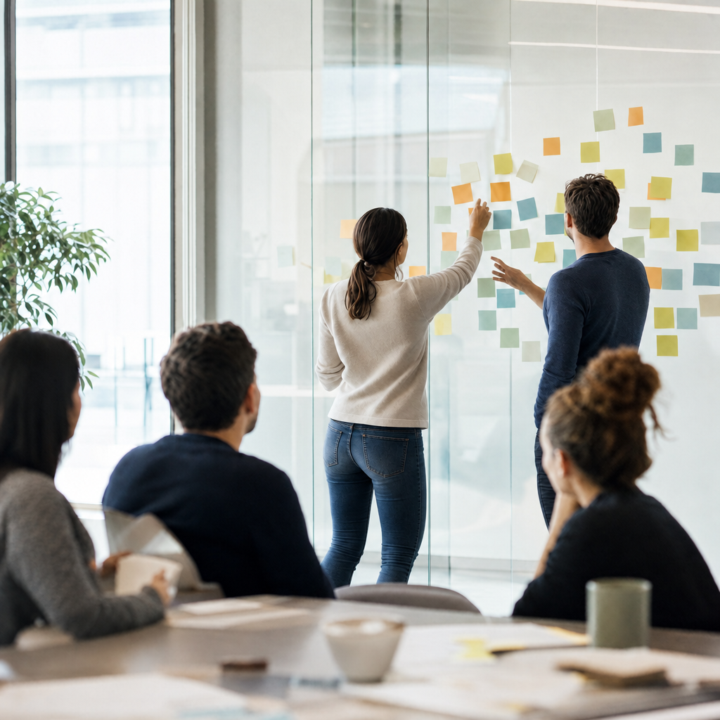 People in a business meeting with a woman and a man presenting at a glass wall covered with sticky notes while others observe.