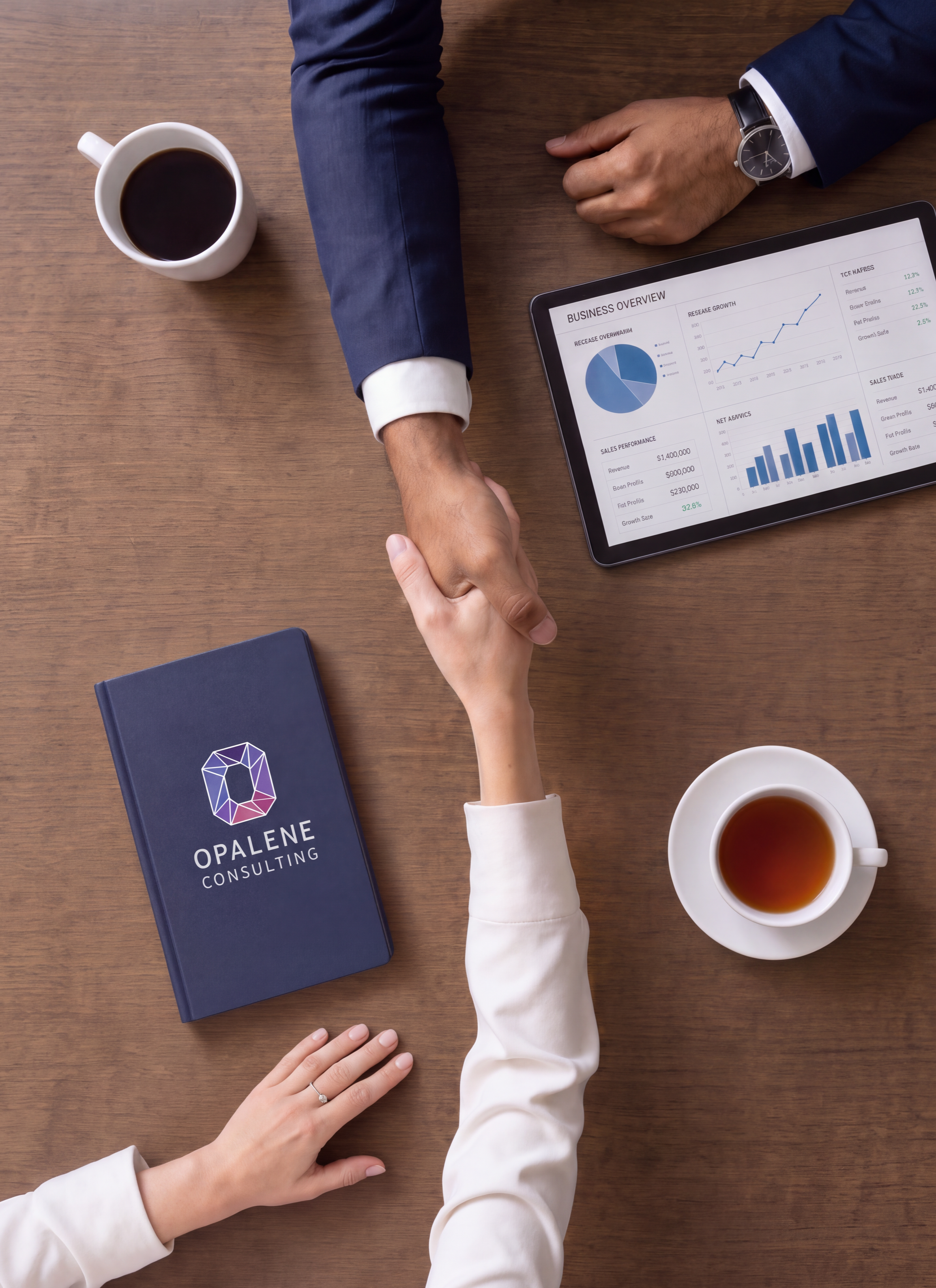 Two people shake hands on a wooden table, one wearing a navy suit and the other a white shirt. A tablet displaying business graphs and charts is on the table, along with a closed blue Opalene Consulting notebook and two cups of tea or coffee.