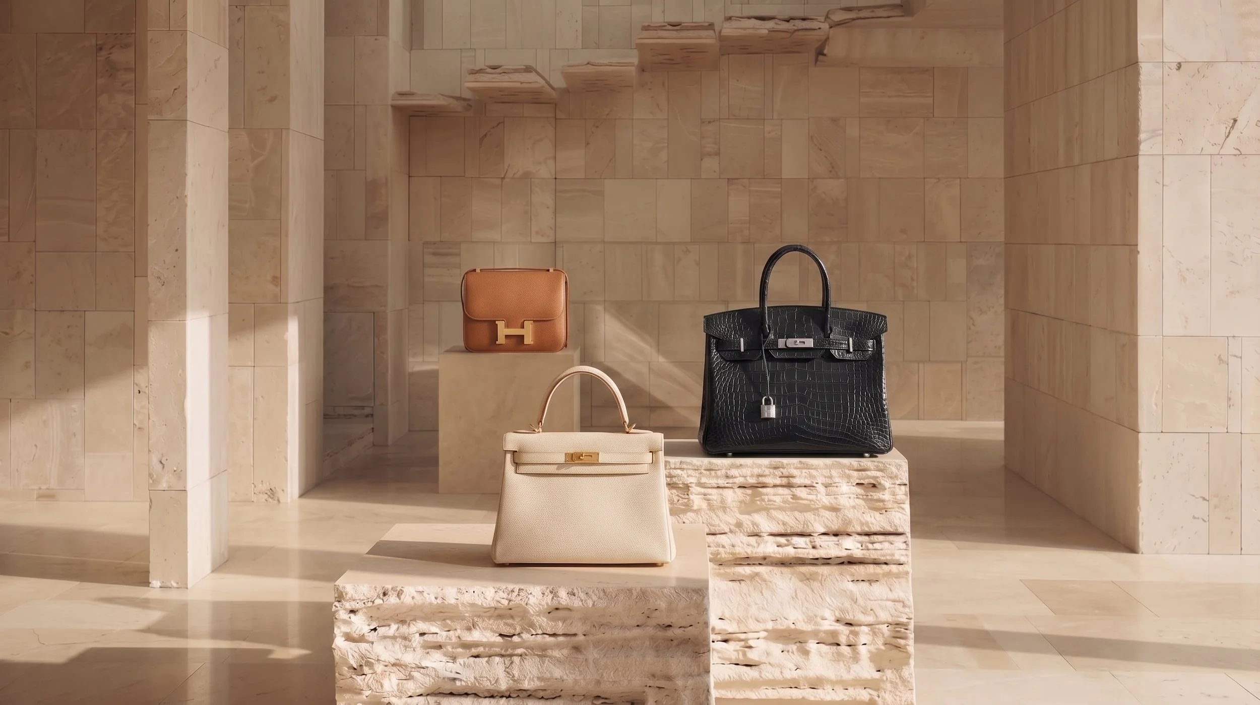 Display of three designer handbags on beige stone pedestals in a neutral-toned boutique, with beige marble walls and flooring.