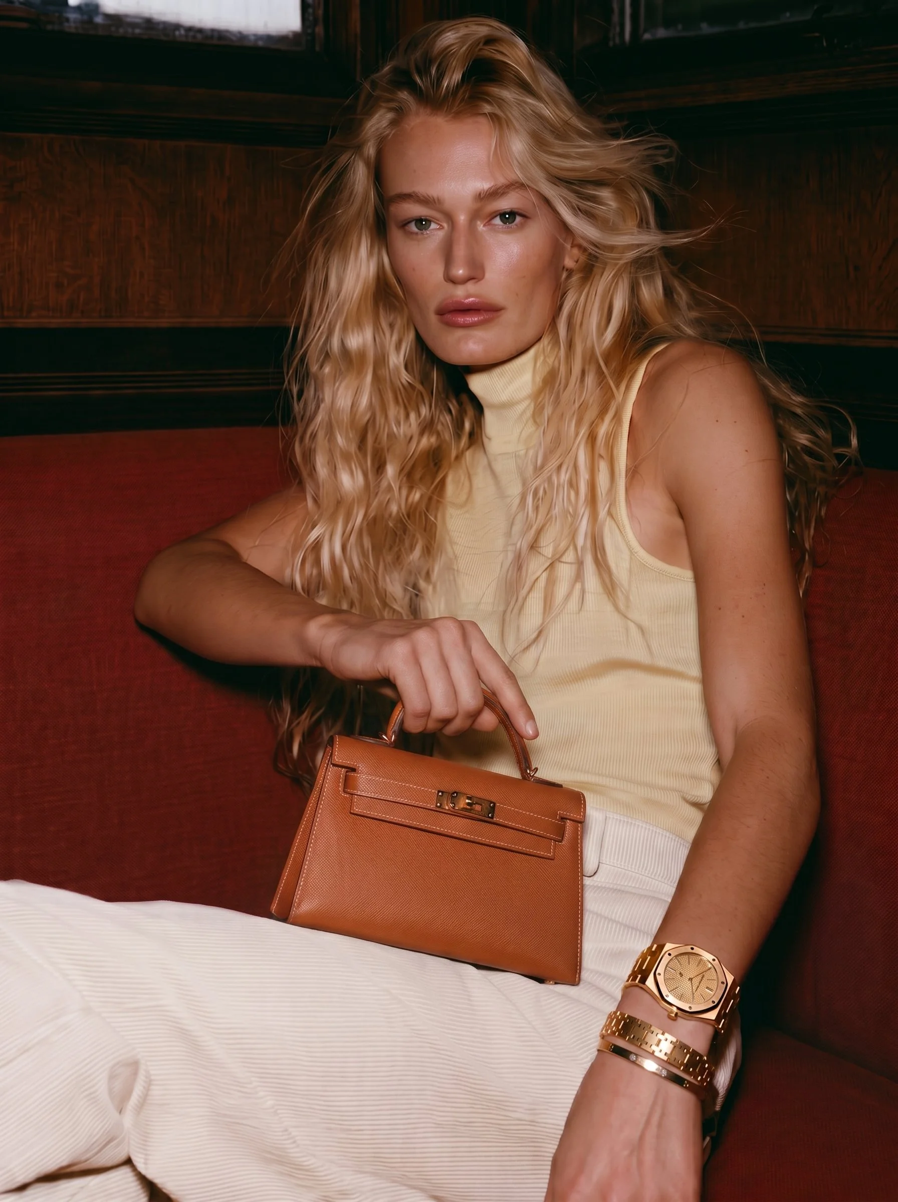 A woman with long blonde wavy hair sitting on a red cushioned seat, wearing a sleeveless yellow top, white pants, and accessorized with a gold watch, multiple gold bracelets, and holding an orange handbag. The background features dark wood paneling.