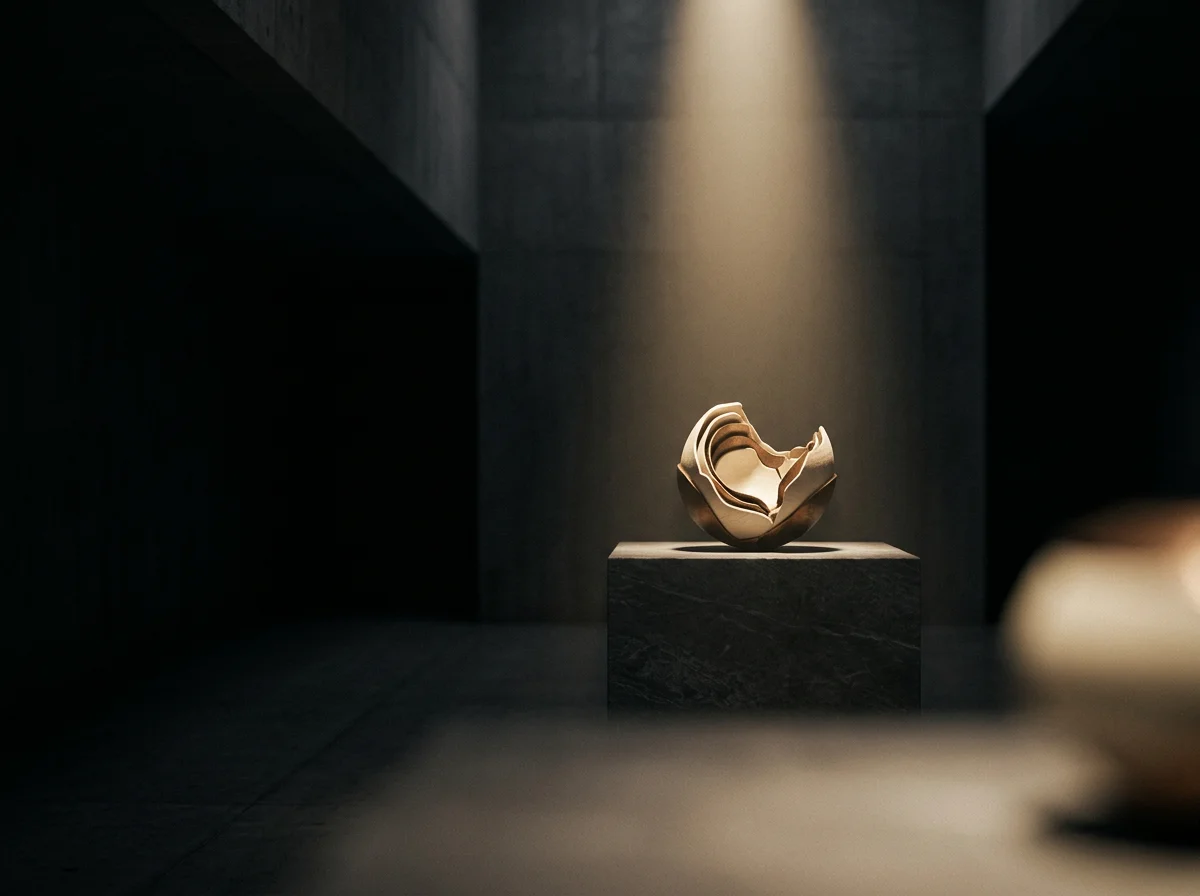 A sculpture on a pedestal in a dimly lit room illuminated by a single spotlight.