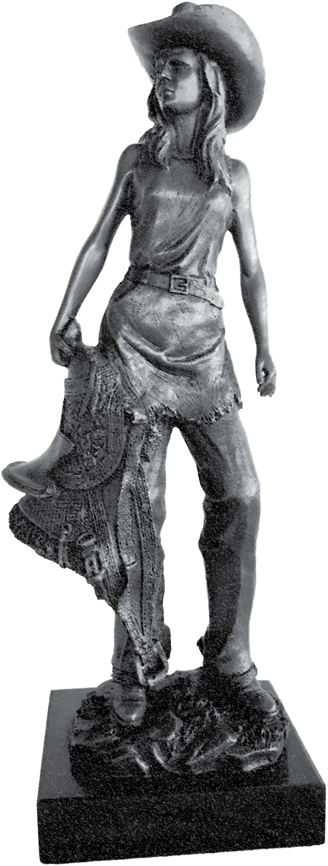 "Bronze Girl" - sculpture of a woman in a cowboy hat, casual clothes, standing with one hand in her pocket, and a rifle leaning against her side. Linda Anne Starr | Training the Horse's Beautiful Mind