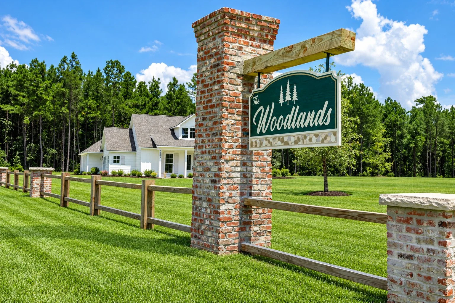 Entrance sign for The Woodlands neighborhood with a brick post and a wooden fence, lush green lawn, white house, and a background of trees under a partly cloudy sky.