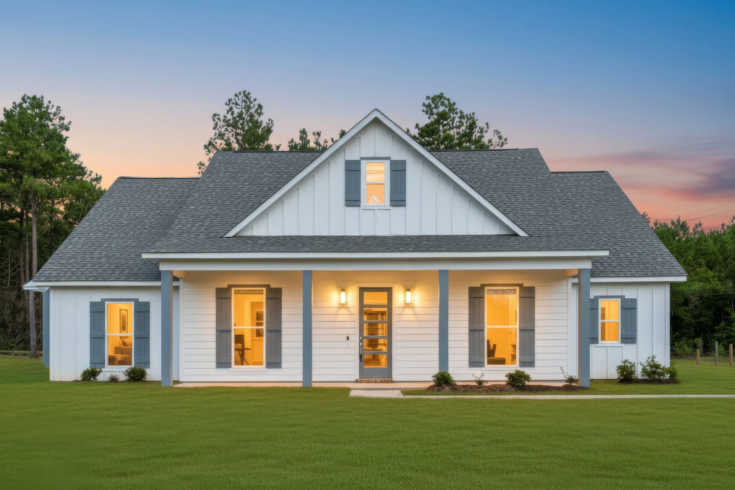 A white house with a gray roof and blue shutters, illuminated from within, set against a sunset sky with trees in the background, and a well-maintained front lawn with small bushes.