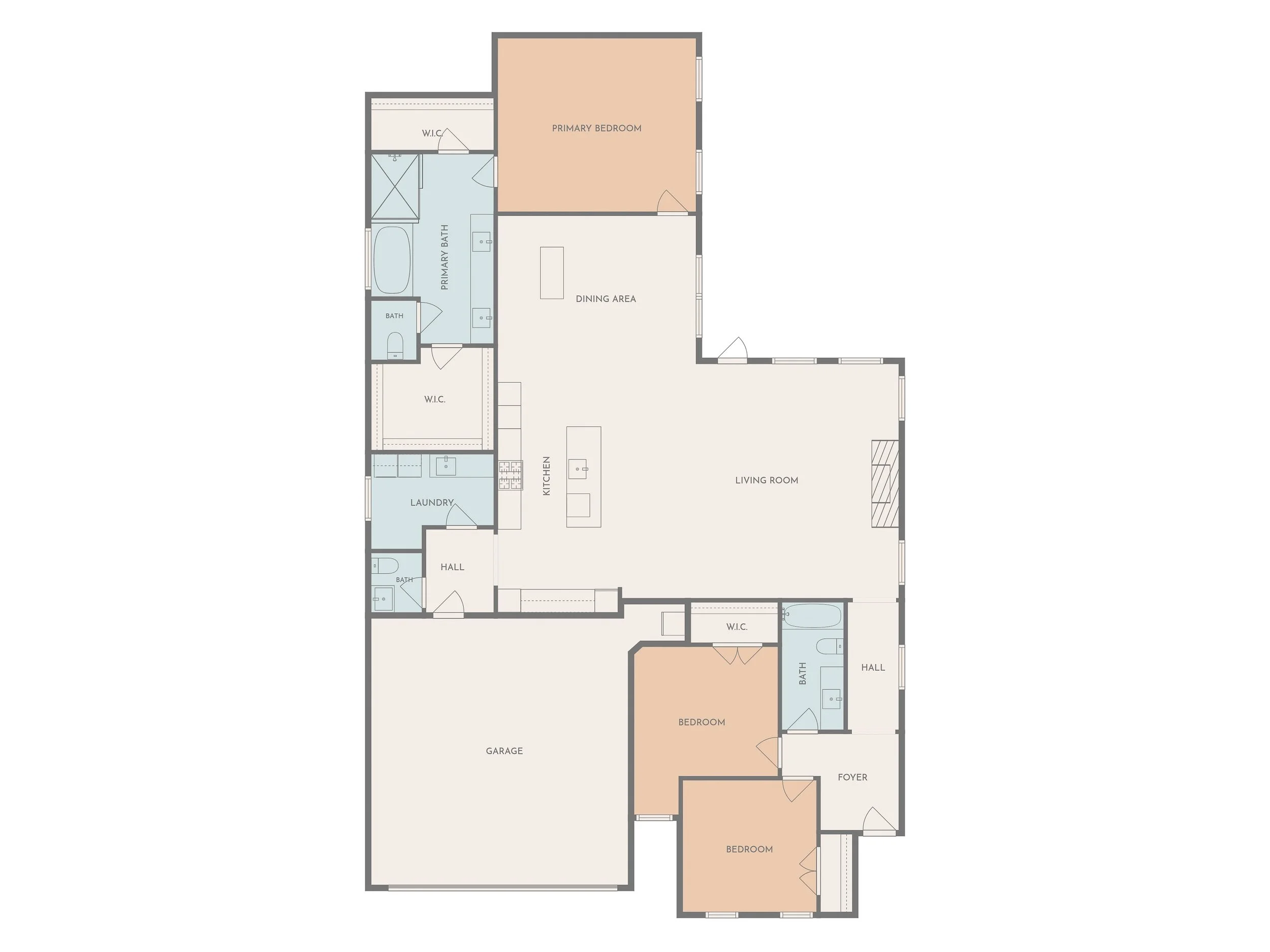 Floor plan of a house showing multiple bedrooms, bathrooms, a kitchen, living room, dining area, laundry room, garage, hallways, and foyer.