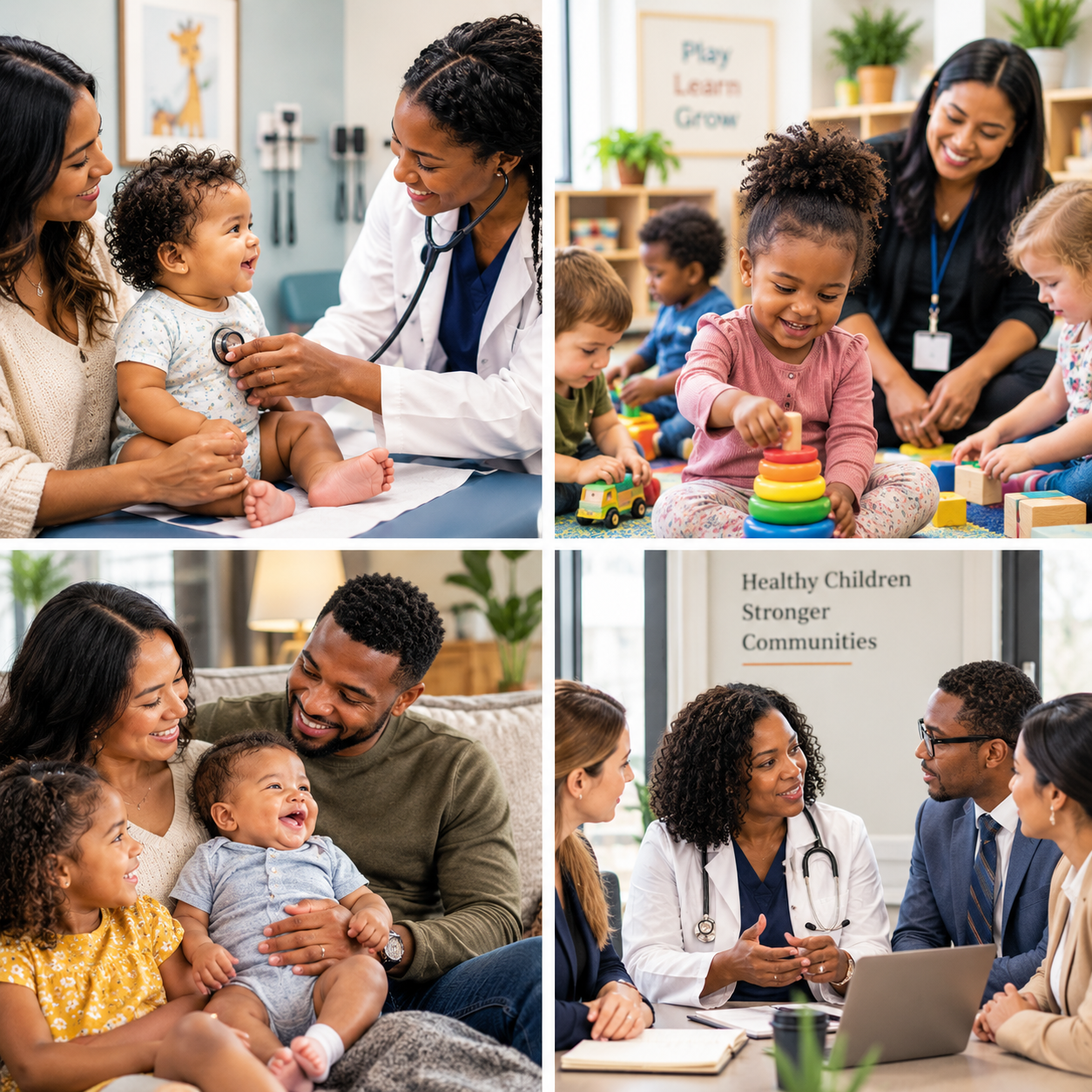Collage of four images: Top left shows a female doctor examining a smiling baby girl with a stethoscope, accompanied by a woman mom; top right shows a young girl playing with a stacking ring toy in a classroom with teacher and classmates; bottom left shows a family with a baby boy smiling as father and older sister interact with him on a sofa; bottom right shows a healthcare professional conversing with a diverse group of adults in a meeting, with a sign in the background reading 'Healthy Children, Stronger Communities.'