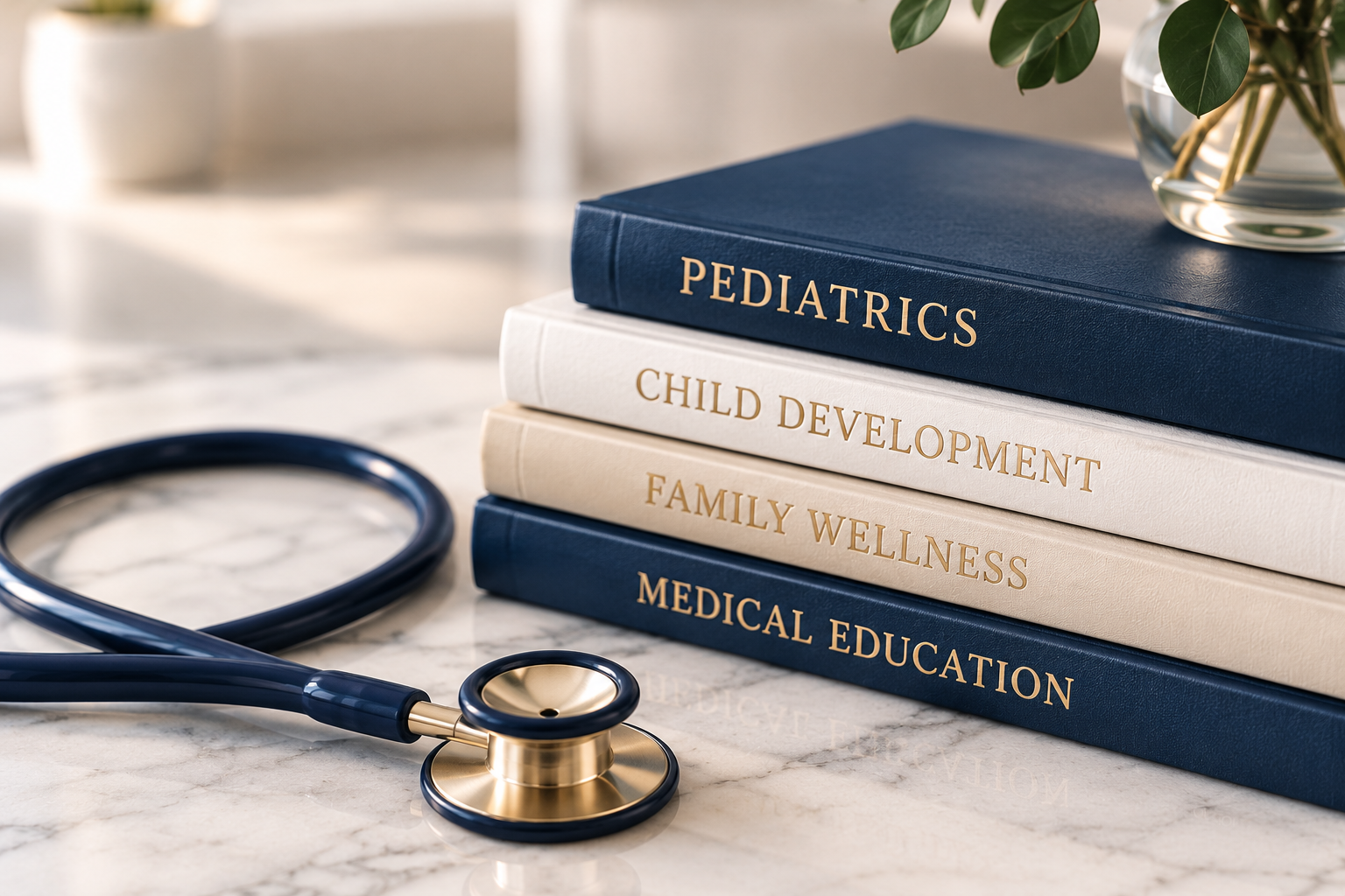 Stacked medical books on pediatrics, child development, family wellness, and medical education, with a stethoscope on a marble surface and a vase with green leaves in the background.