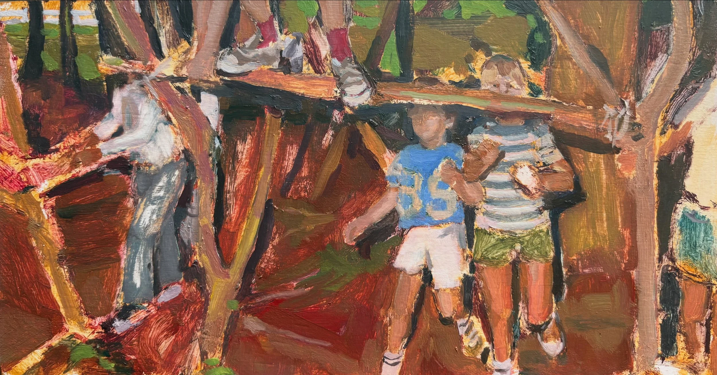 A vibrant, impressionistic painting depicting a family of four standing outdoors next to a rustic wooden structure surrounded by greenery. The family includes two children and two adults.