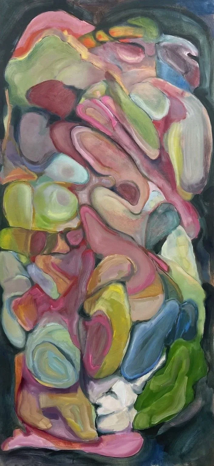 Abstract colorful painting with swirling shapes and soft edges in pink, green, yellow, blue, brown, and purple hues.