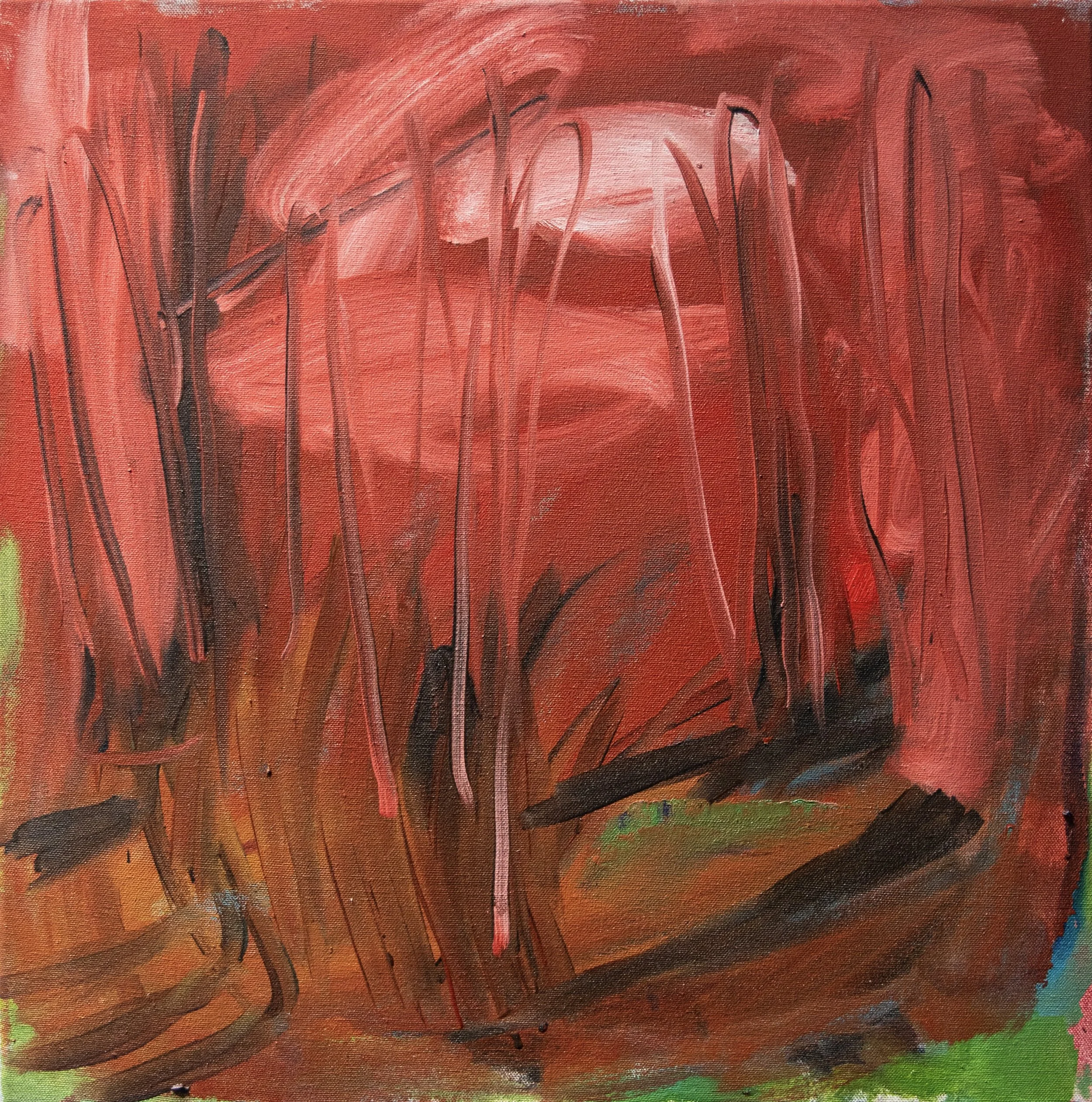 Close-up of an abstract painting with bold red, orange, and black curving lines and strokes on a canvas.