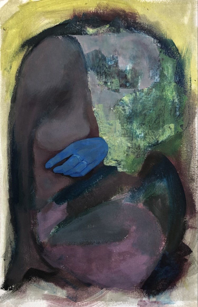 Abstract painting of a person with long hair, their face hidden by their knee, wearing a blue glove, with a background of yellow and green hues implying outdoor scenery.