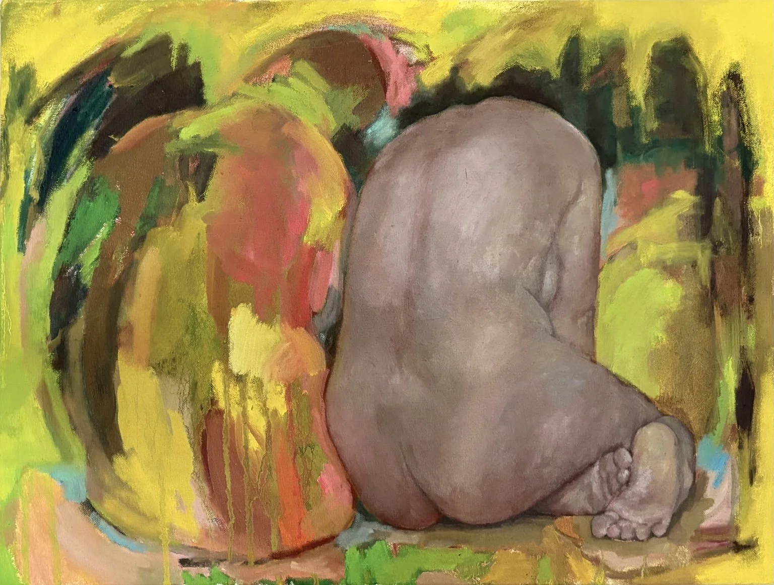 A painting depicting a nude, curled-up person with their back facing the viewer, set against a colorful, abstract background with shades of yellow, green, orange, and brown.