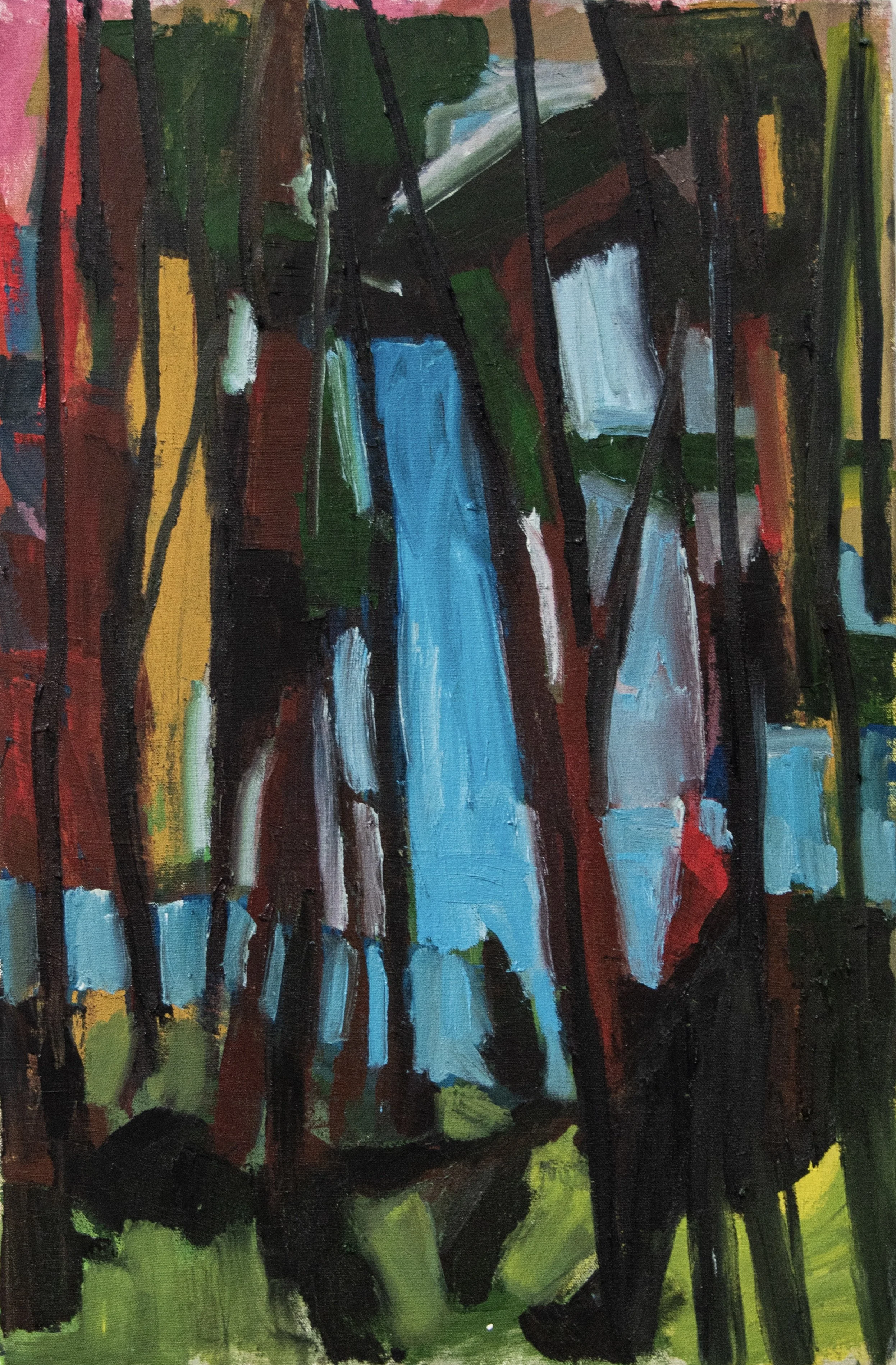 An abstract painting featuring bold strokes and vibrant colors, including blue, green, red, yellow, black, and white, depicting a forest scene with trees and water.