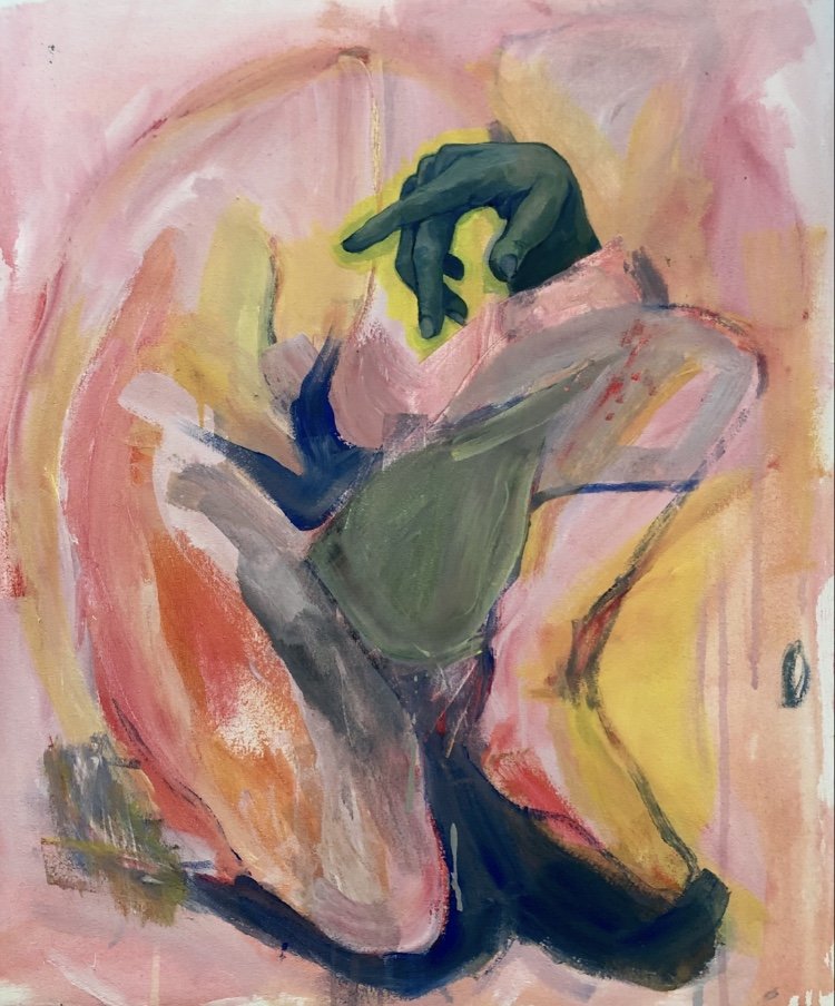 An abstract painting of a human figure in a curled position, with a green hand reaching downward, set against a pink and yellow background.