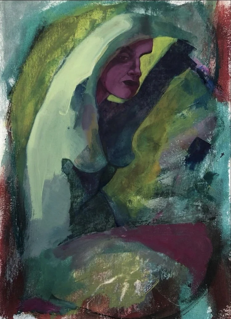 Abstract painting featuring a woman's face with dark purple makeup, surrounded by swirling green, yellow, and red colors.