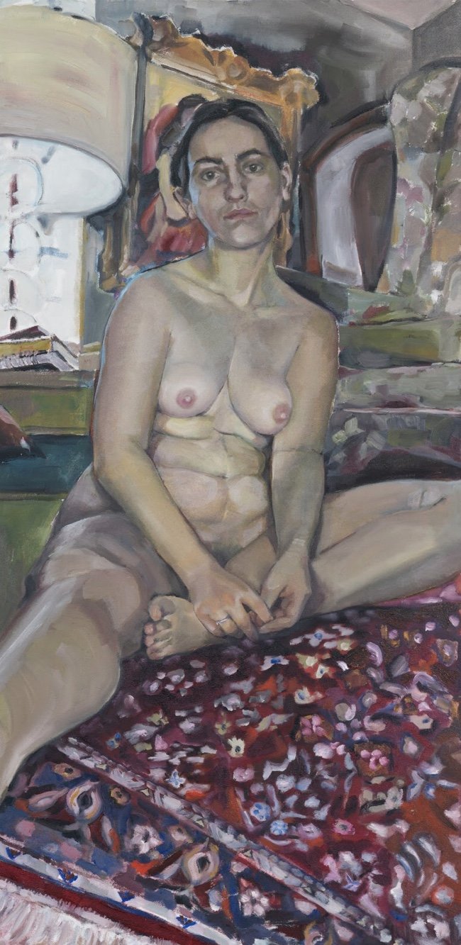 A painting of a topless woman sitting on a Persian rug in a room with a mirror and various decorative items in the background.