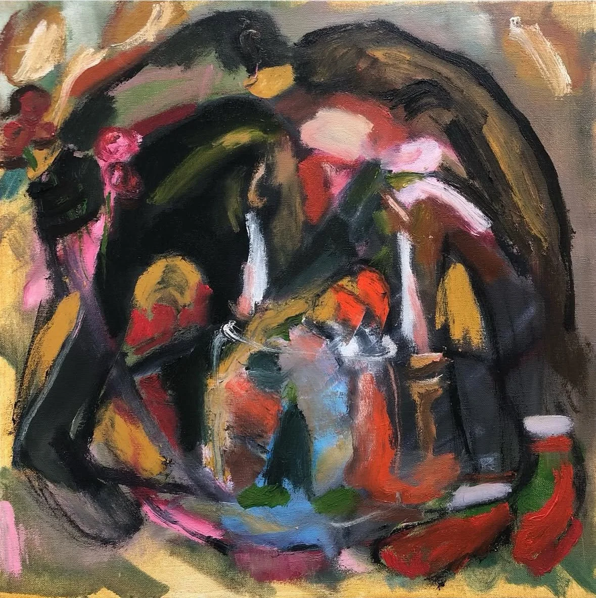 Abstract painting with dark and vibrant colors depicting a still life scene with bottles, fruit, and a glass.