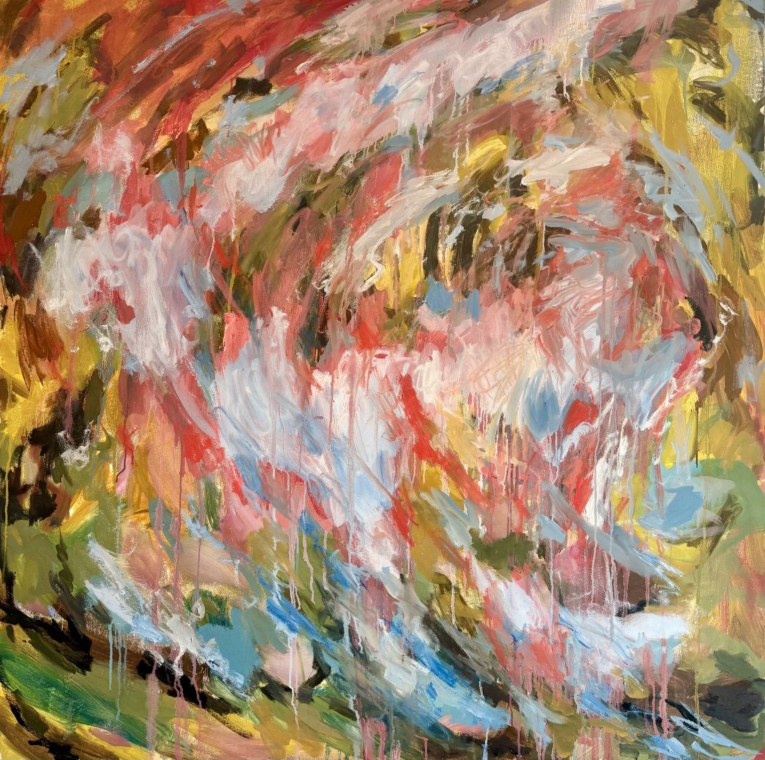 Abstract painting with thick brushstrokes and splashes of pink, red, white, blue, black, yellow, and green colours.