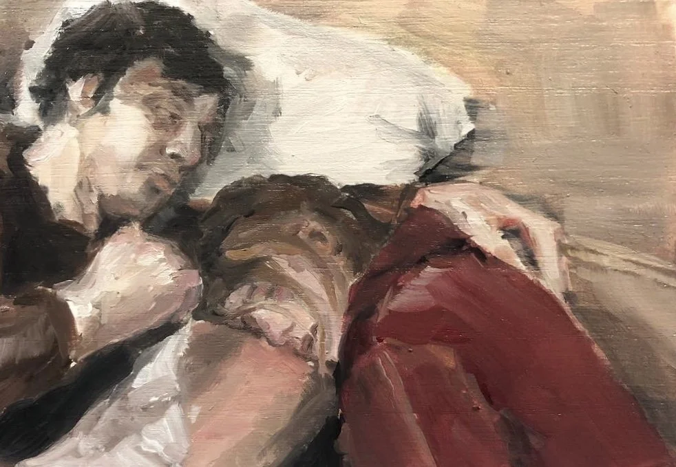 Painting of two children sleeping closely together, one wearing a white shirt and the other a red shirt, on a bed with a white pillow.