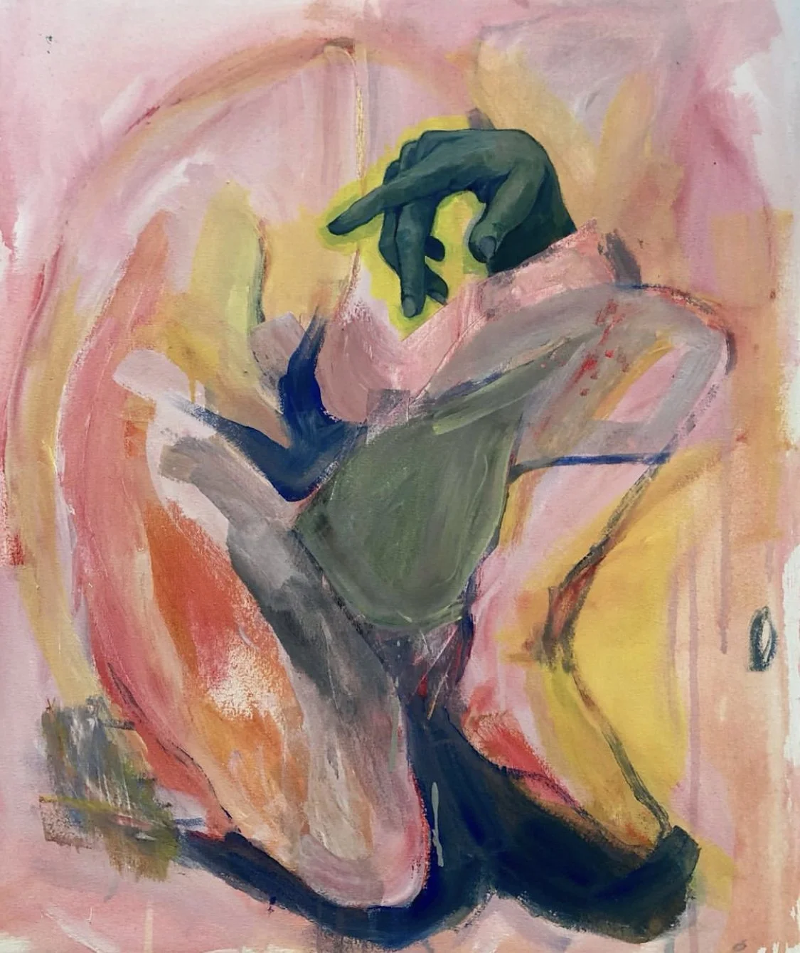 An abstract painting of a figure with a bent knee, with a hand resting on their face, surrounded by swirling pink, yellow, and orange colors.