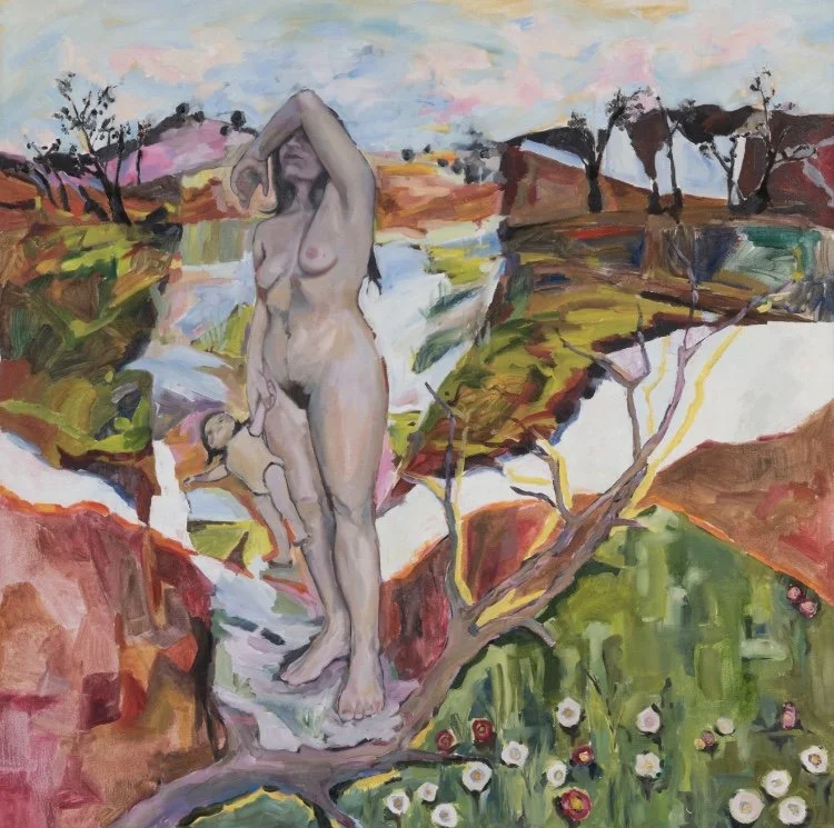 An oil painting depicting a nude woman standing next to a tree in a colorful landscape with flowers and hills in the background.