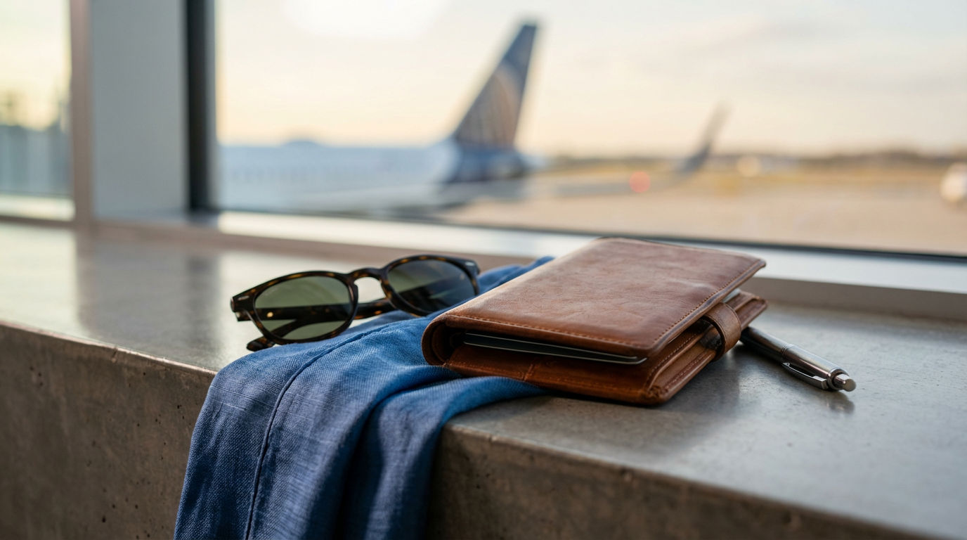 Close-up of sunglasses, a blue shirt, a leather wallet, and a pen on a window sill at an airport.