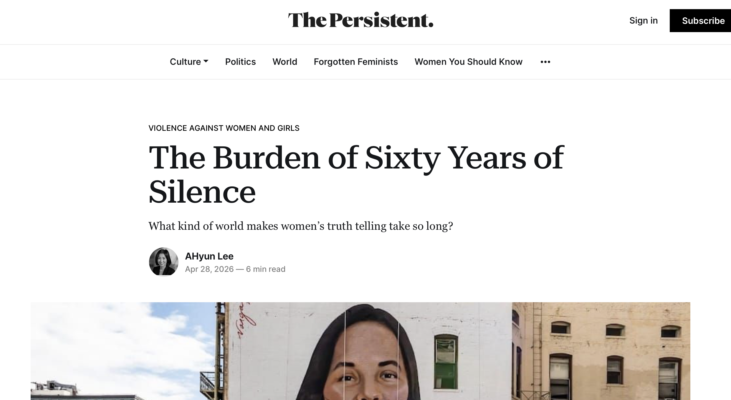 Screenshot of The Persistent website homepage showing an article titled "The Burden of Sixty Years of Silence" by AHyun Lee, published on April 28, 2026.