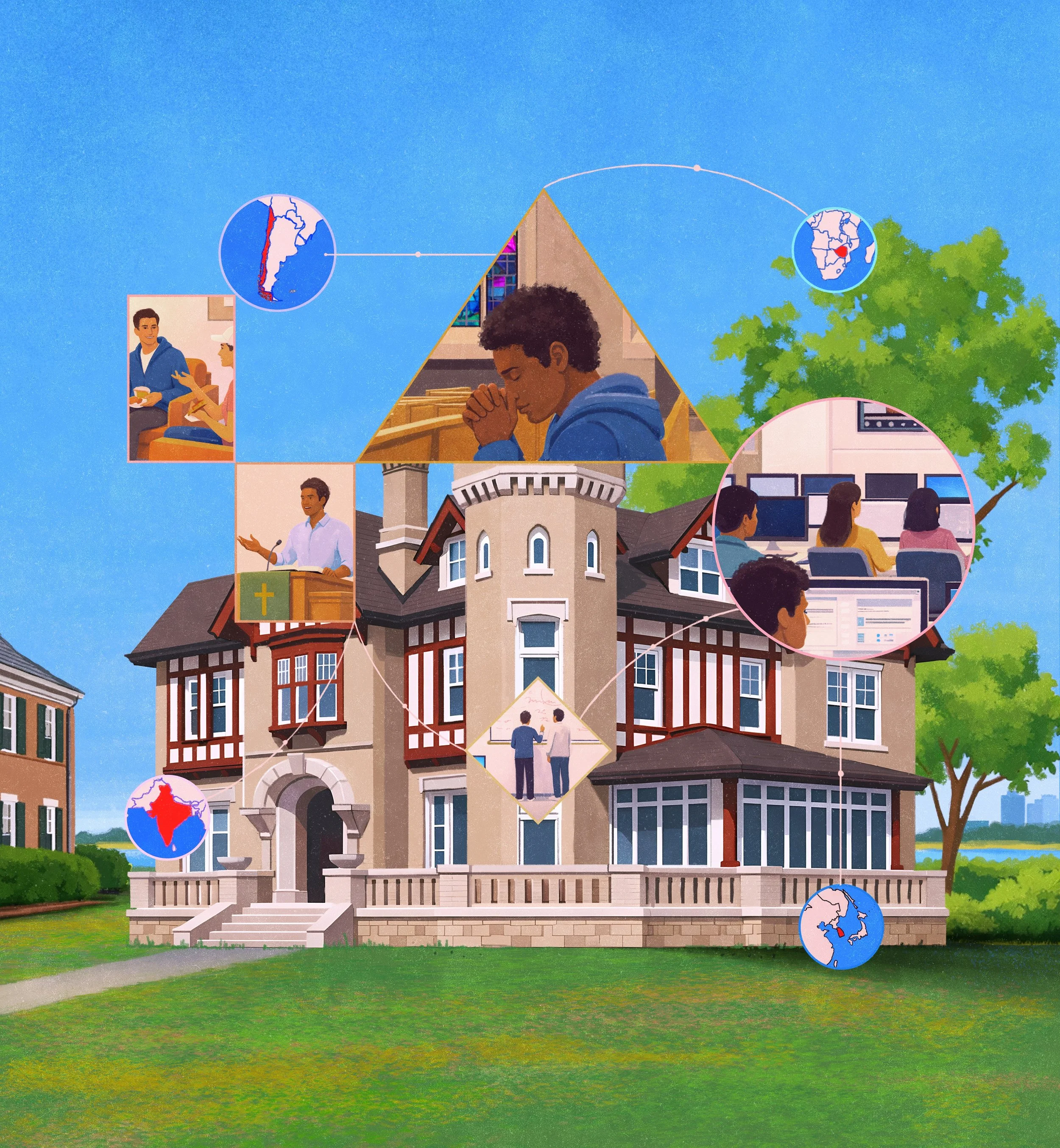 Illustration of a large church with a tall tower, surrounded by trees and several smaller images depicting people, maps of South America and Africa, and a group of people using computers and giving a presentation, all connected by lines.