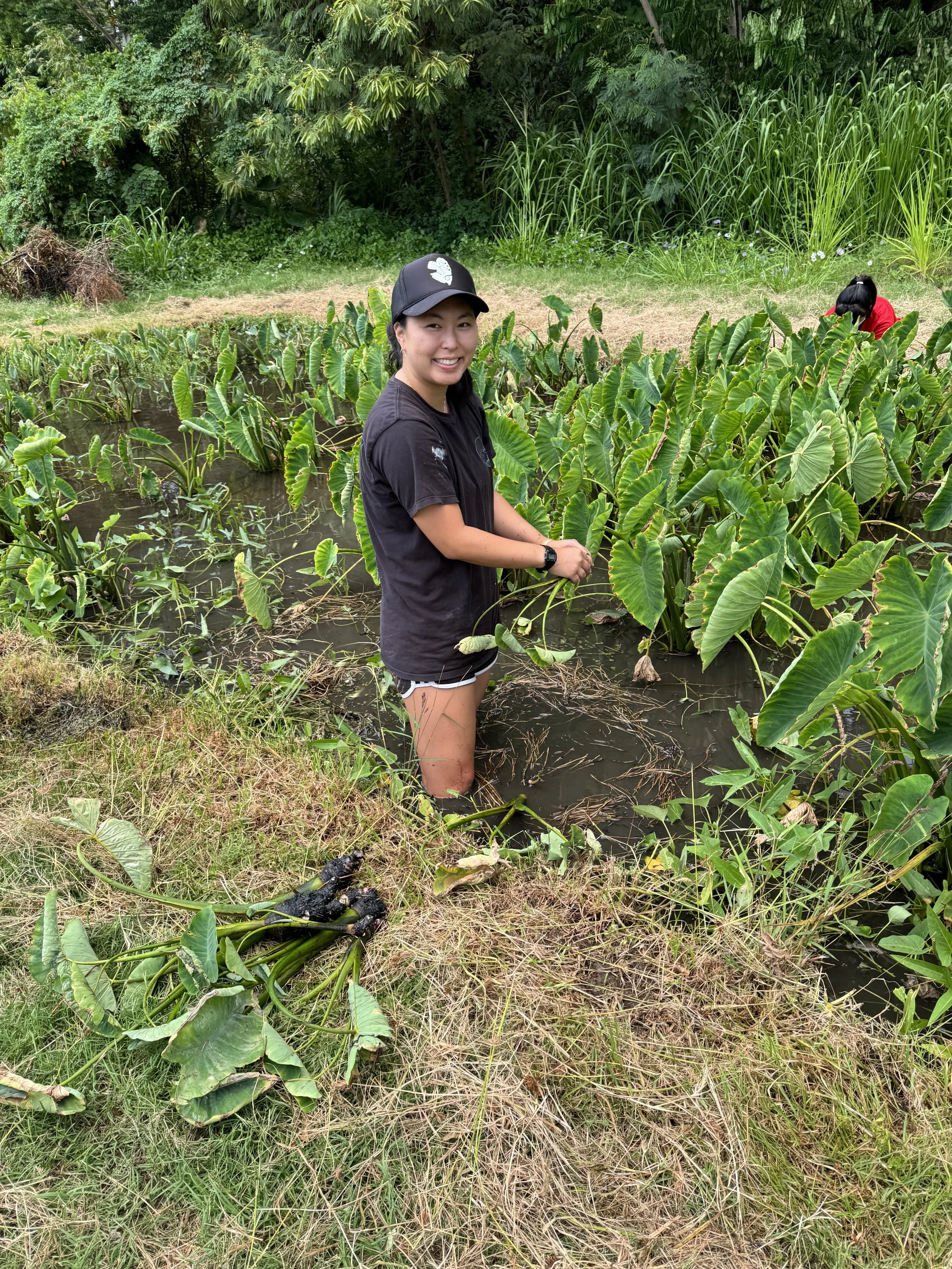 A woman standing in a water-filled paddy field, smiling at the camera, with another person working in the background. The area is surrounded by lush green plants and trees.