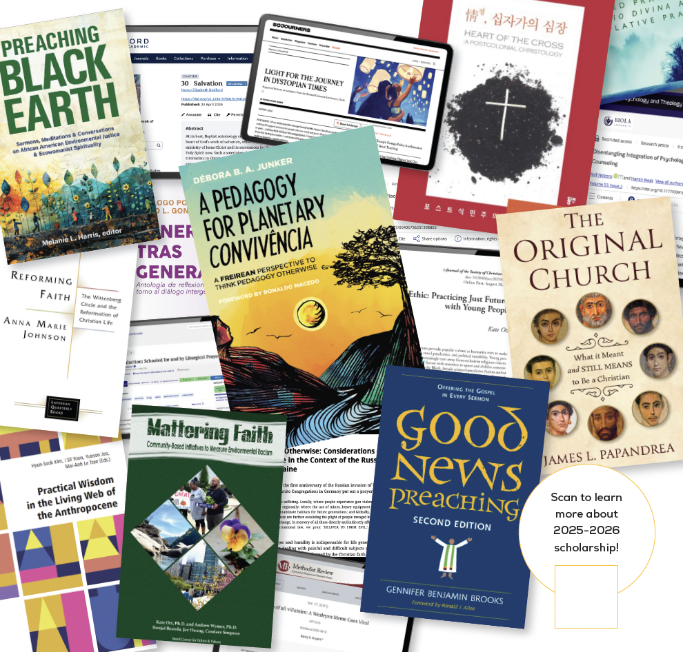 Collection of academic books and articles on religion, ecology, pedagogy, faith, and environmental issues, with digital devices displaying scholarly content.
