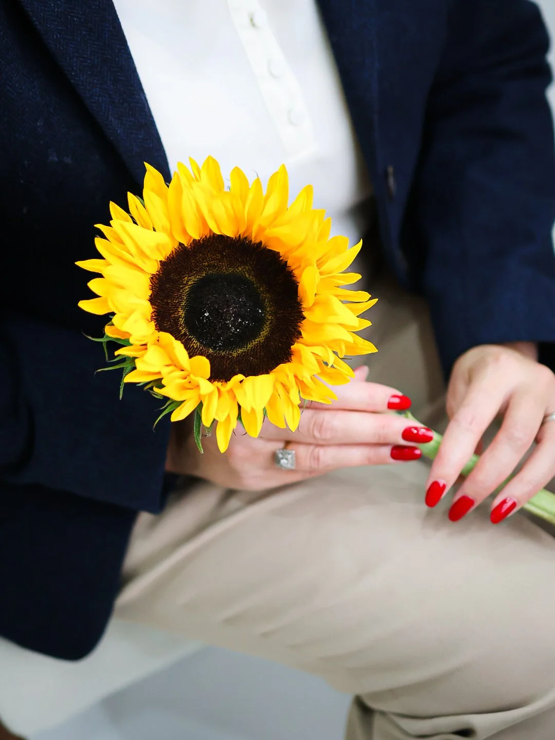 Person holding a sunflower with red-painted nails, wearing a black blazer, white shirt, and beige pants.