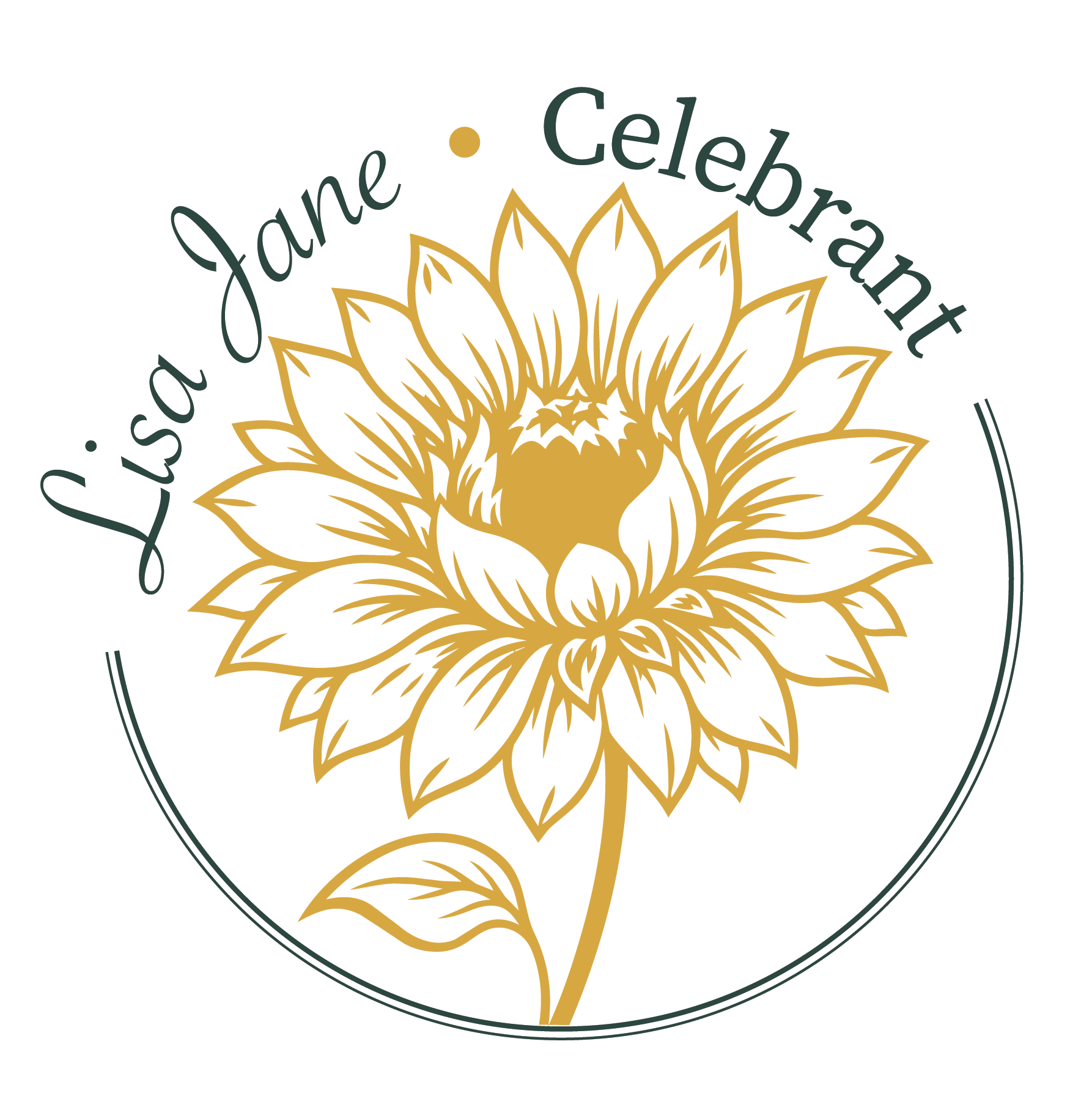 A circular logo with a gold floral design at the center and the words 'Lsa Jane' and 'celebrant' written around the top and right side in elegant font.