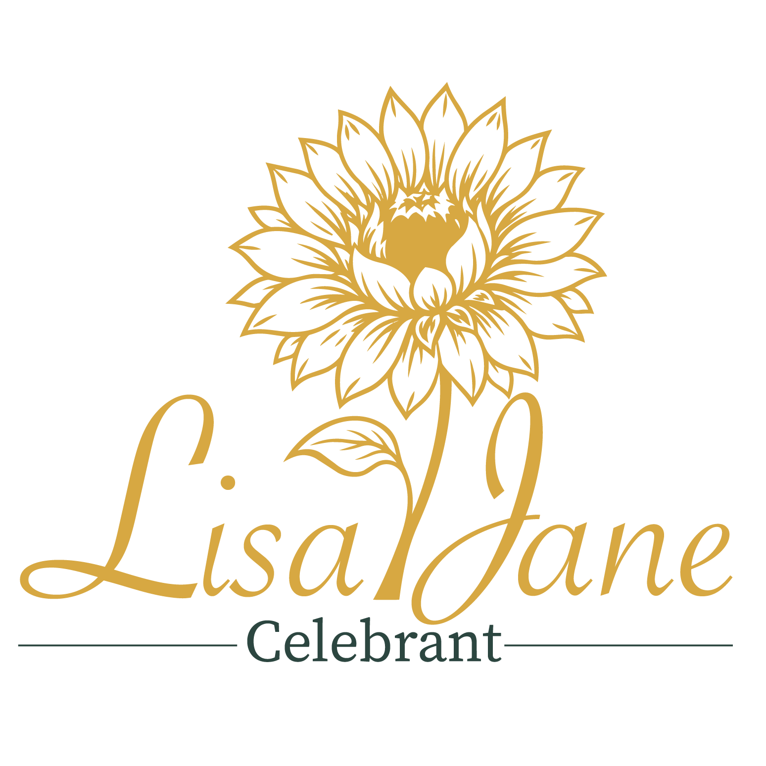 Gold and black logo featuring a sunflower with a small bird inside the flower and the words "Lisa Lane" in cursive gold font above "Celebrant" in dark green font.