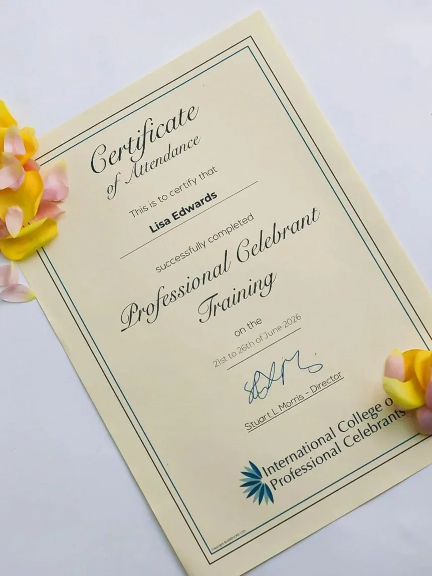 Certificate of Attendance awarded to Lisa Edwards for successfully completing Professional Celebrant Training at International College of Professional Celebrants, dated June 21st to 26th, 2026.