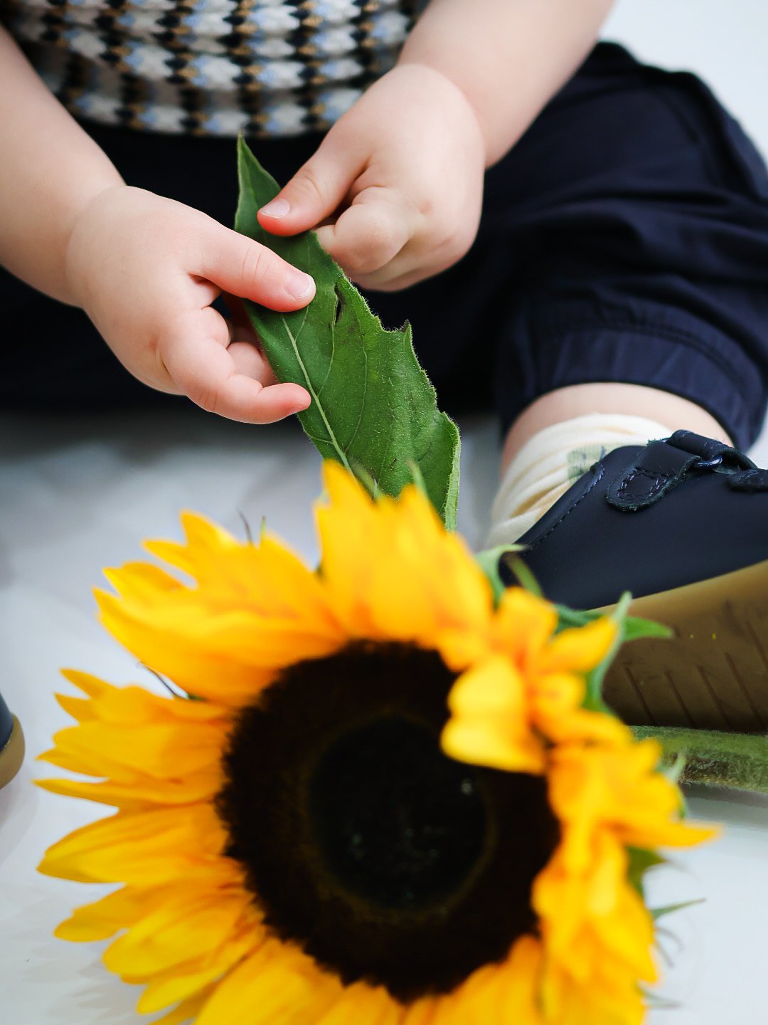 Child holding a green leaf in hand, sitting on the floor with a yellow sunflower flower in front.
