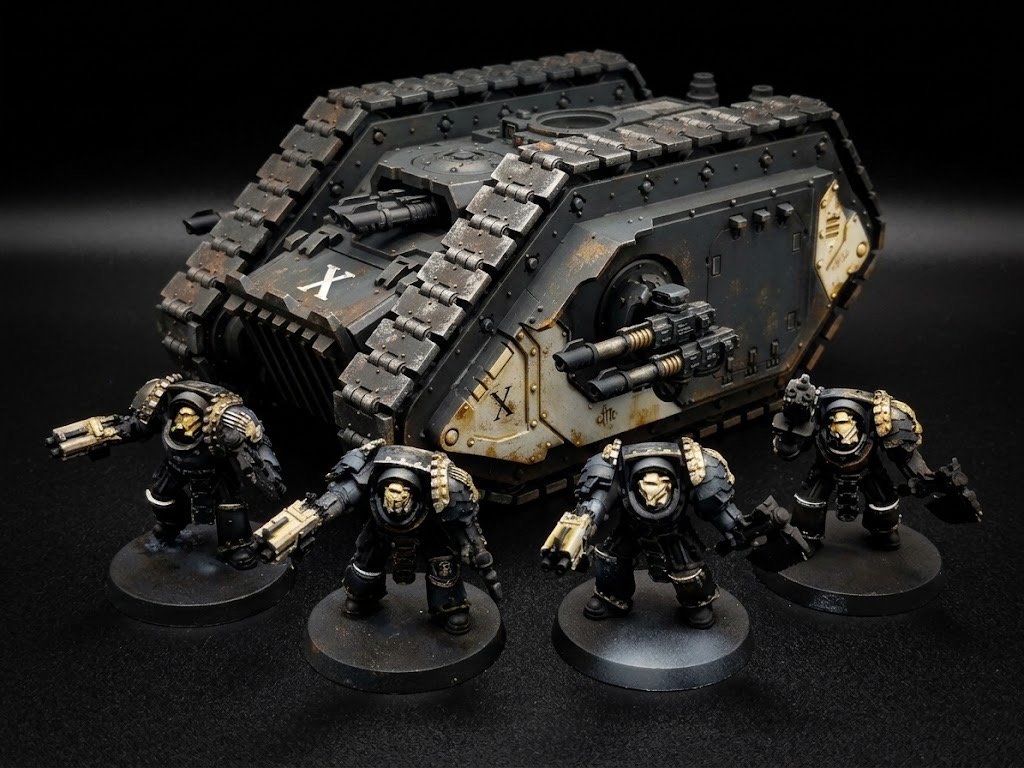 Miniature sci-fi armored vehicle with tracks and weaponry, surrounded by four painted sci-fi miniature soldiers in black armor with gold accents, set against a black background.