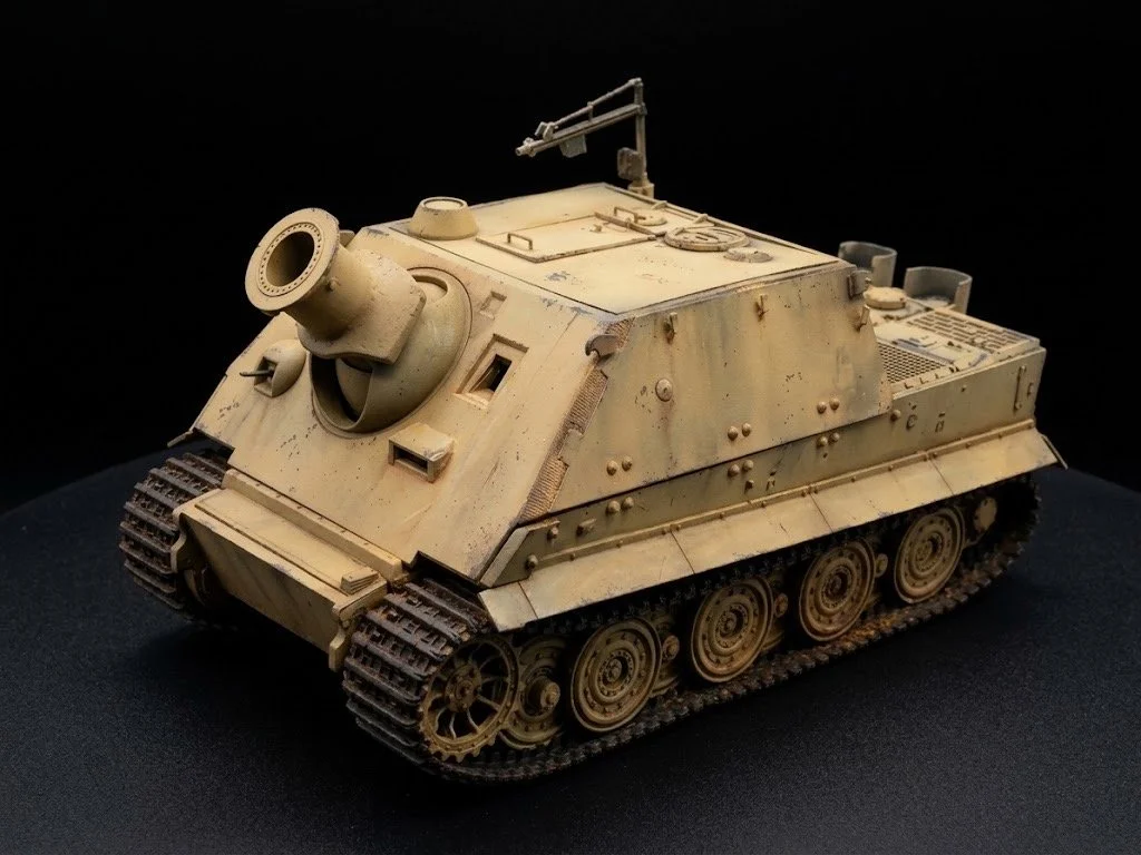 Model of a tan military tank with tracks, a large main gun barrel, and a mounted machine gun on top, placed on a black surface with a black background.