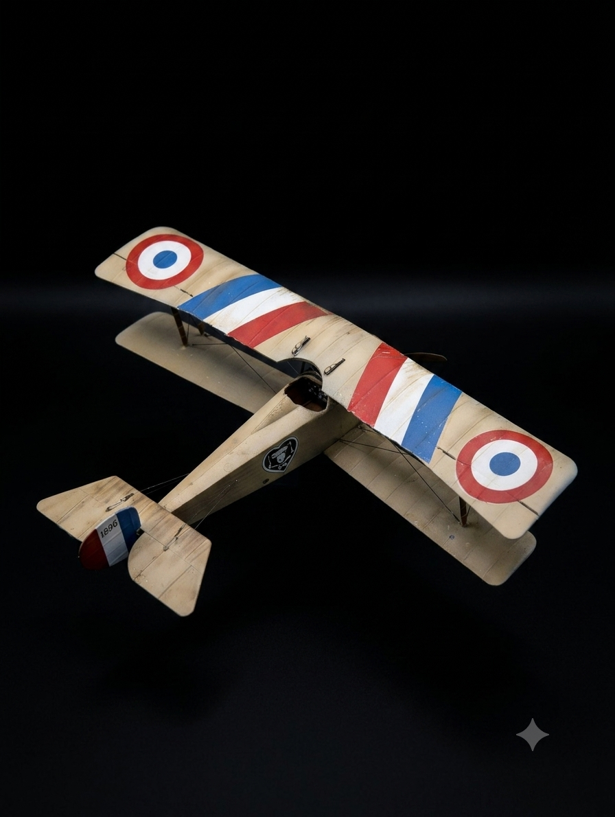 A model airplane with vintage World War I style french painted markings, displayed against a black background.