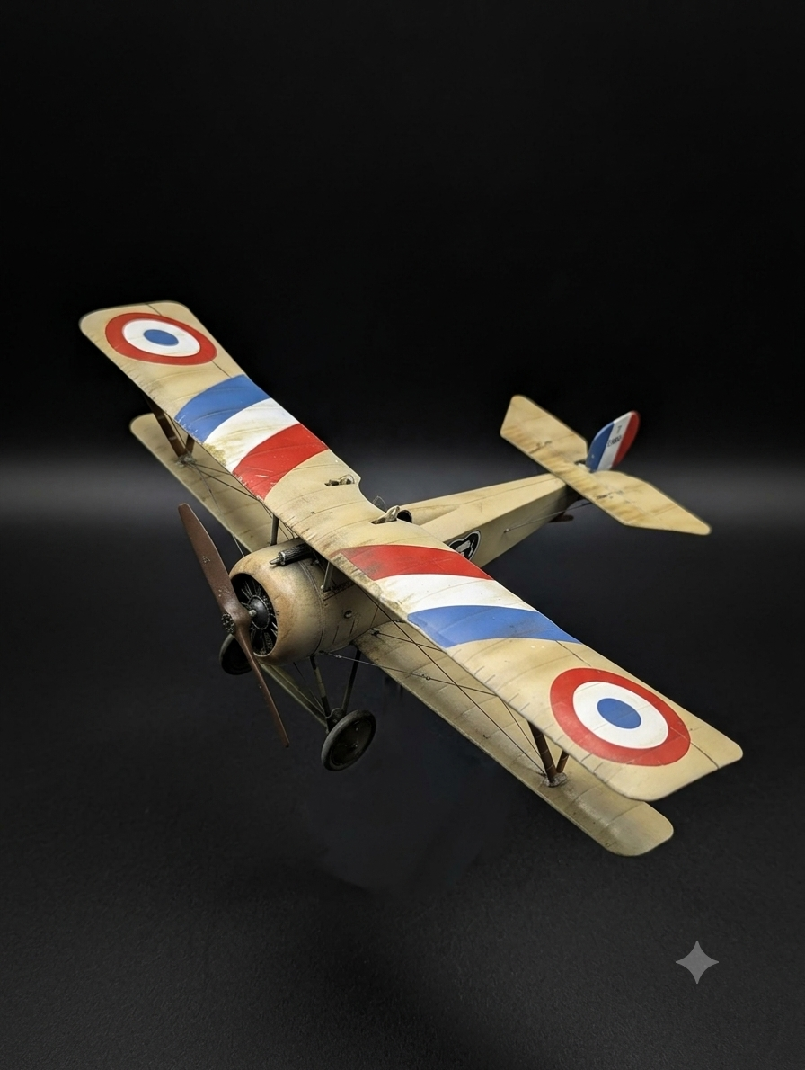 Model airplane with vintage World War I markings on a black background.