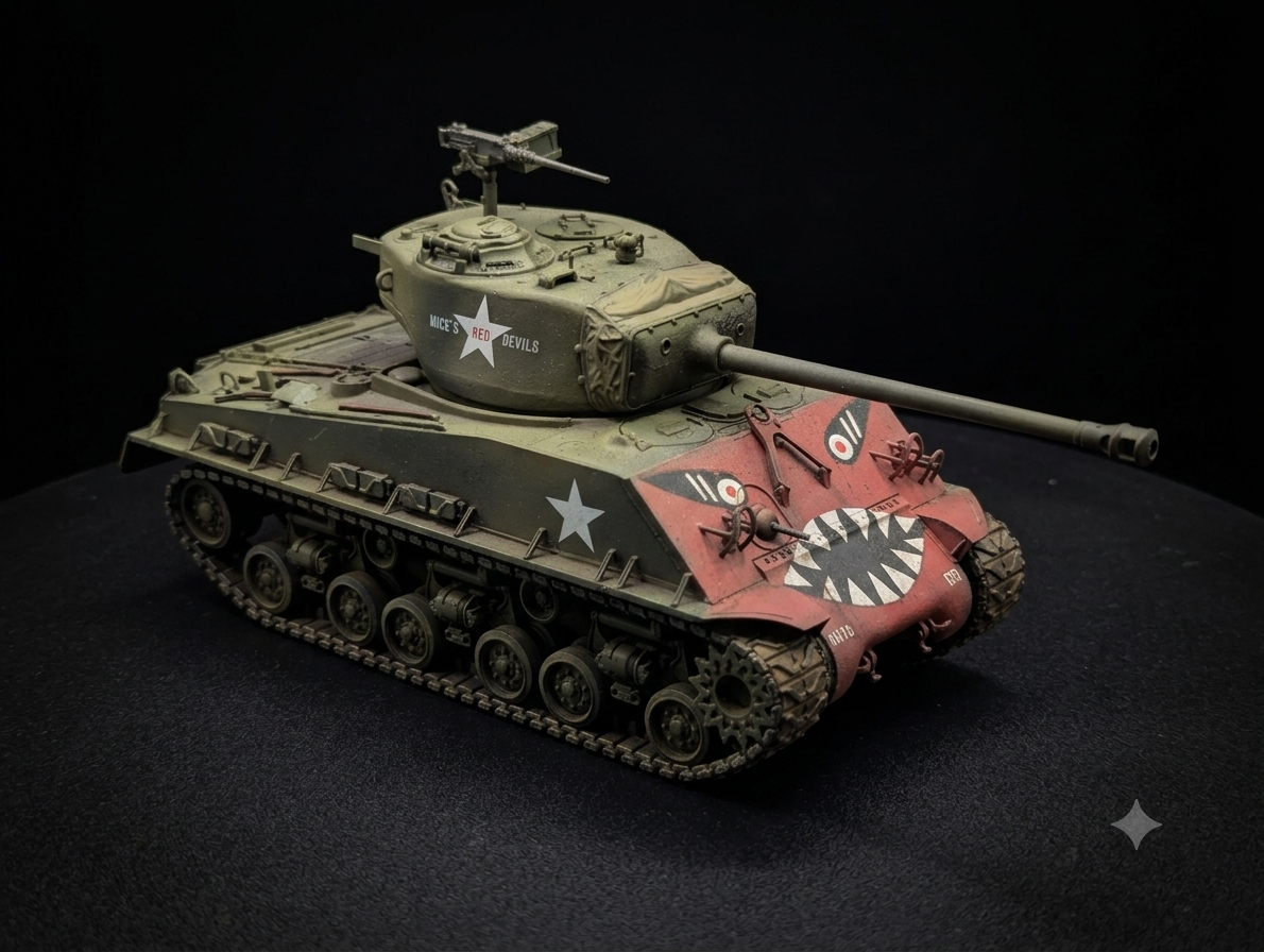 Model of a military tank with a cartoonish face painted on the front, featuring sharp teeth and eyes, painted in red and green with white star insignias, and the words "Mice's Red Devils" on the side, placed on a black surface against a black backgro