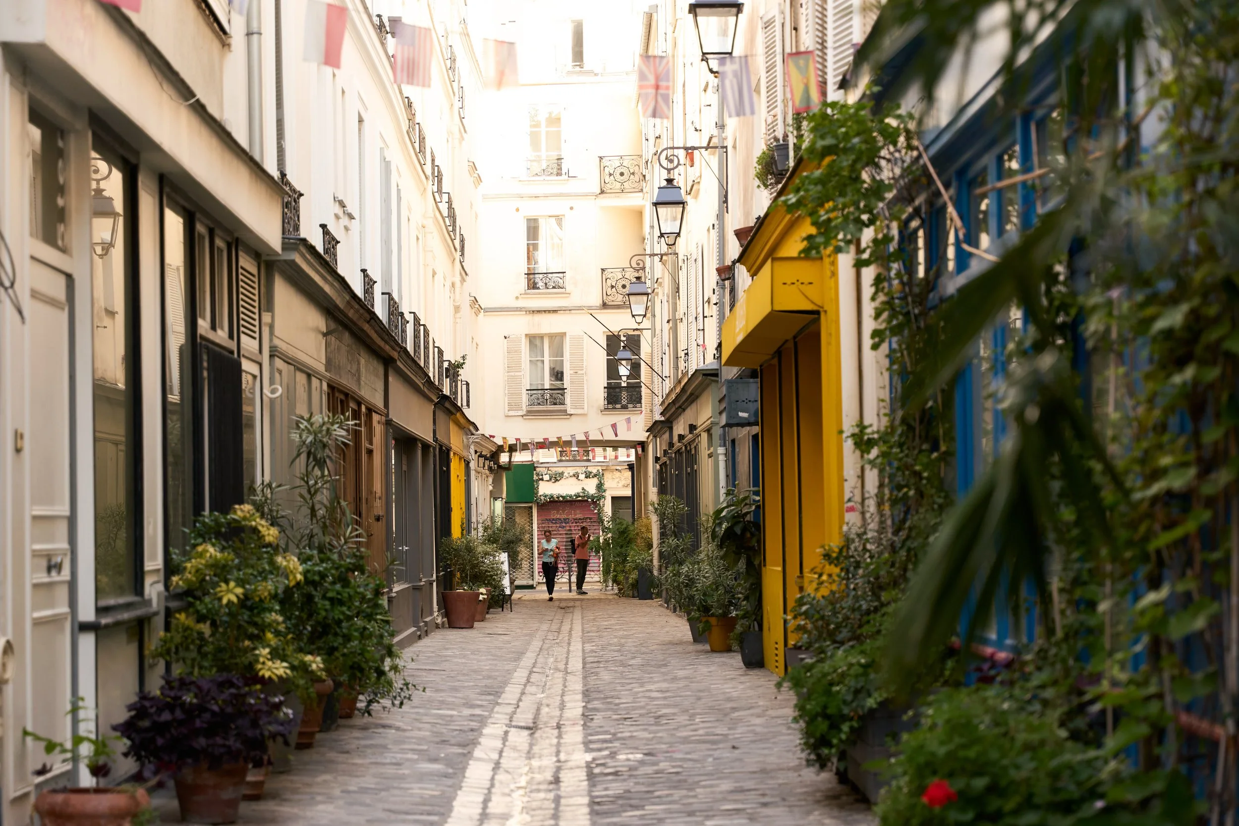 Quiet Paris street with cobblestones, potted plants, and colorful storefronts